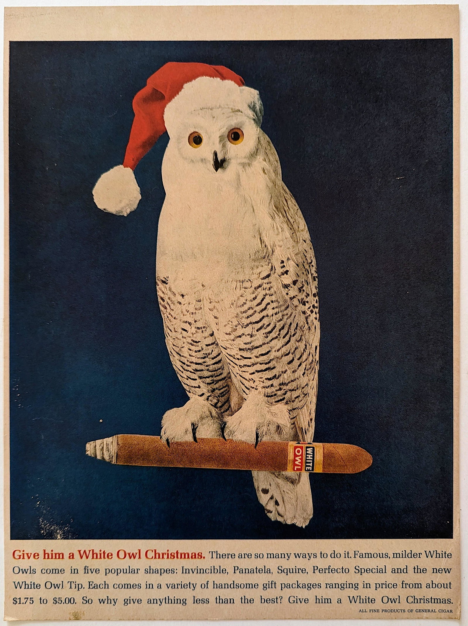 Vintage Advertising Engraving White Owl Cigars: Scarce poster advertising on card with dimensions Approx. 13.75" x 10.75". We have included quality images to show their condition. This lot is located in Boca Raton, Fl and its shipment will be made 