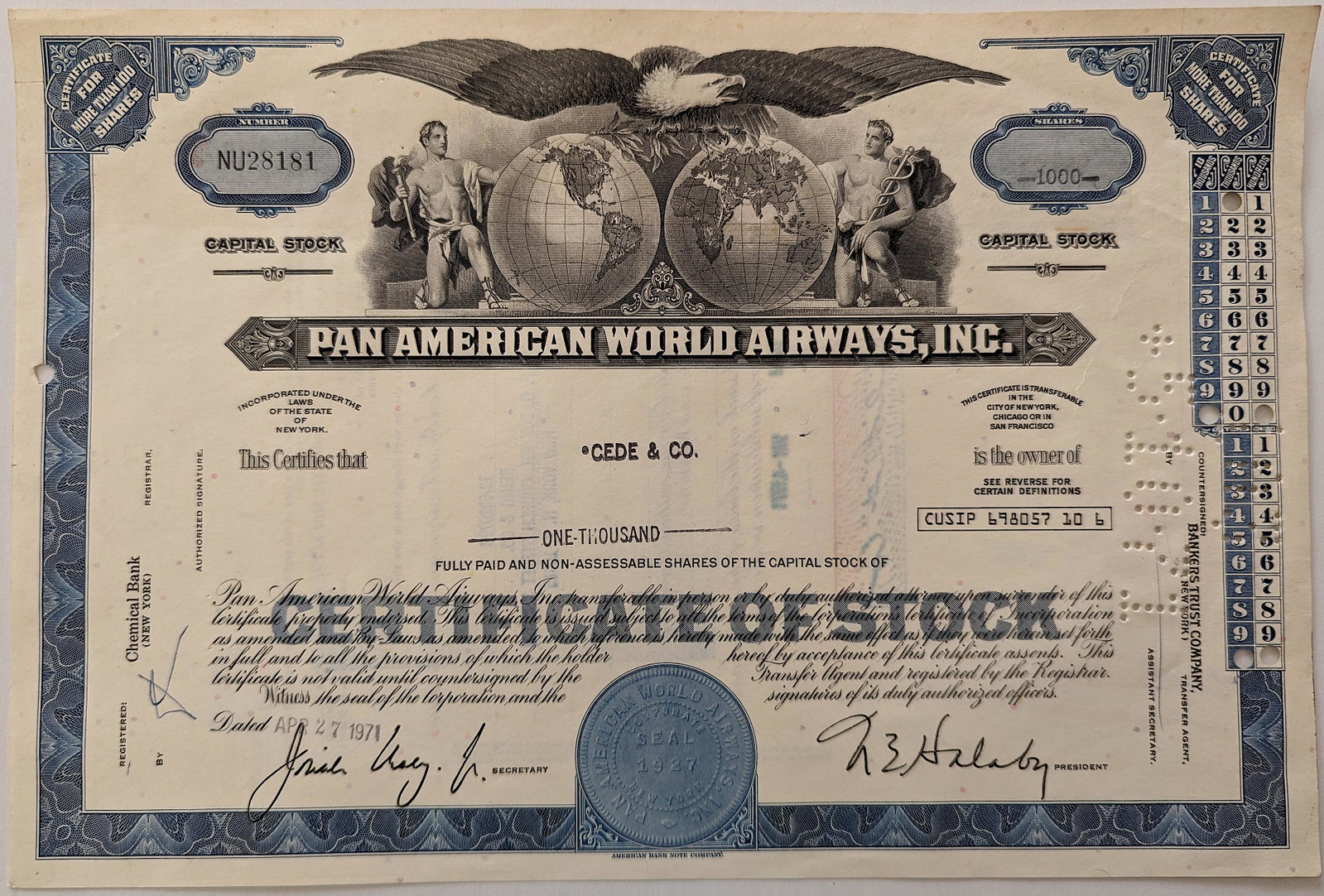 Pan American World Airways, Inc Certificate, 1971: Provenance: from a deceased collector in Miami. We have included quality images to show their condition. This lot is located in Boca Raton, Fl and its shipment will be made directly by Artelisted. Shi