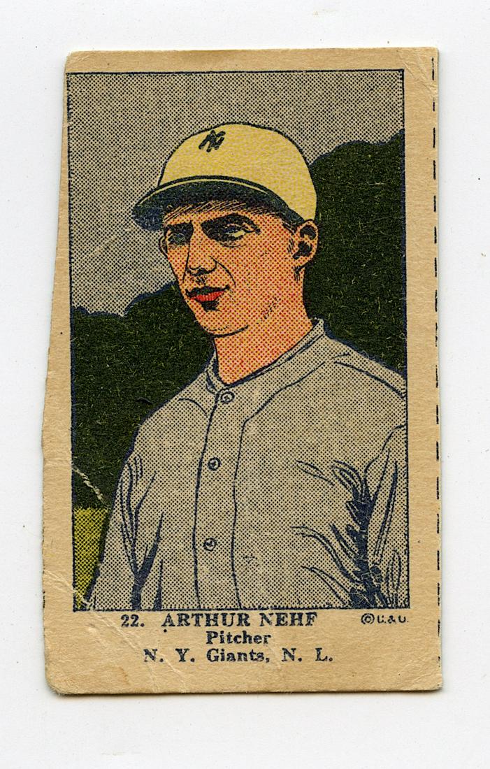 Baseball Card Arthur Nehf #22 N. Y. Giants, 1923: The lots offered in this sale come to us from three estates of deceased American collectors. We are specifying: 1. The mediums (es. original hand painted, prints). 2. The signature we were able to dec