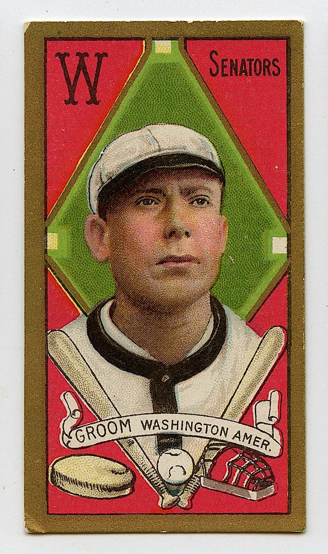 Baseball Card Bob Groom Senators, 1911: The lots offered in this sale come to us from three estates of deceased American collectors. We are specifying: 1. The mediums (es. original hand painted, prints). 2. The signature we were able to dec