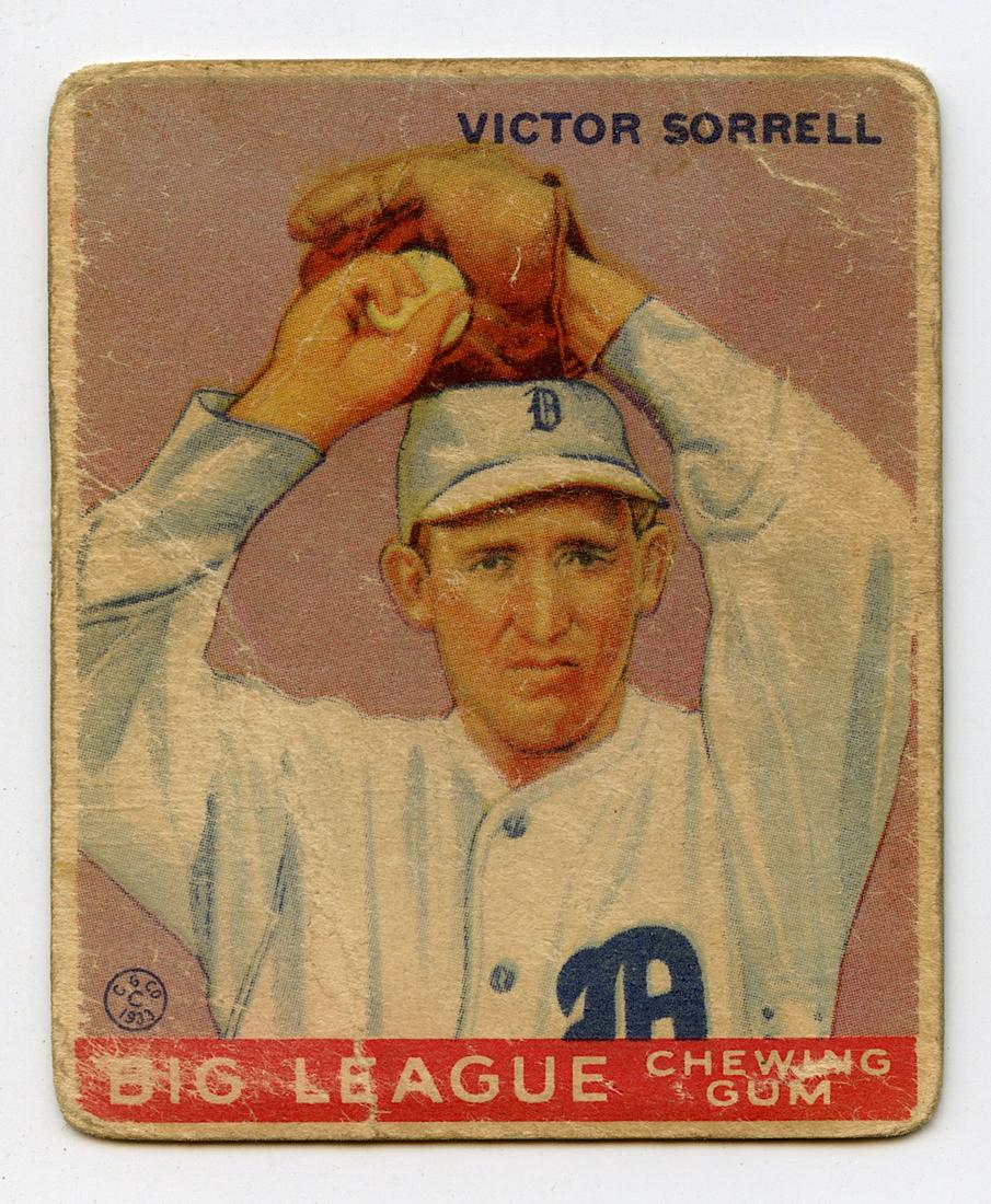 Baseball Card Victor Sorrell Detroit Tigers, 1933: The lots offered in this sale come to us from three estates of deceased American collectors. We are specifying: 1. The mediums (es. original hand painted, prints). 2. The signature we were able to dec