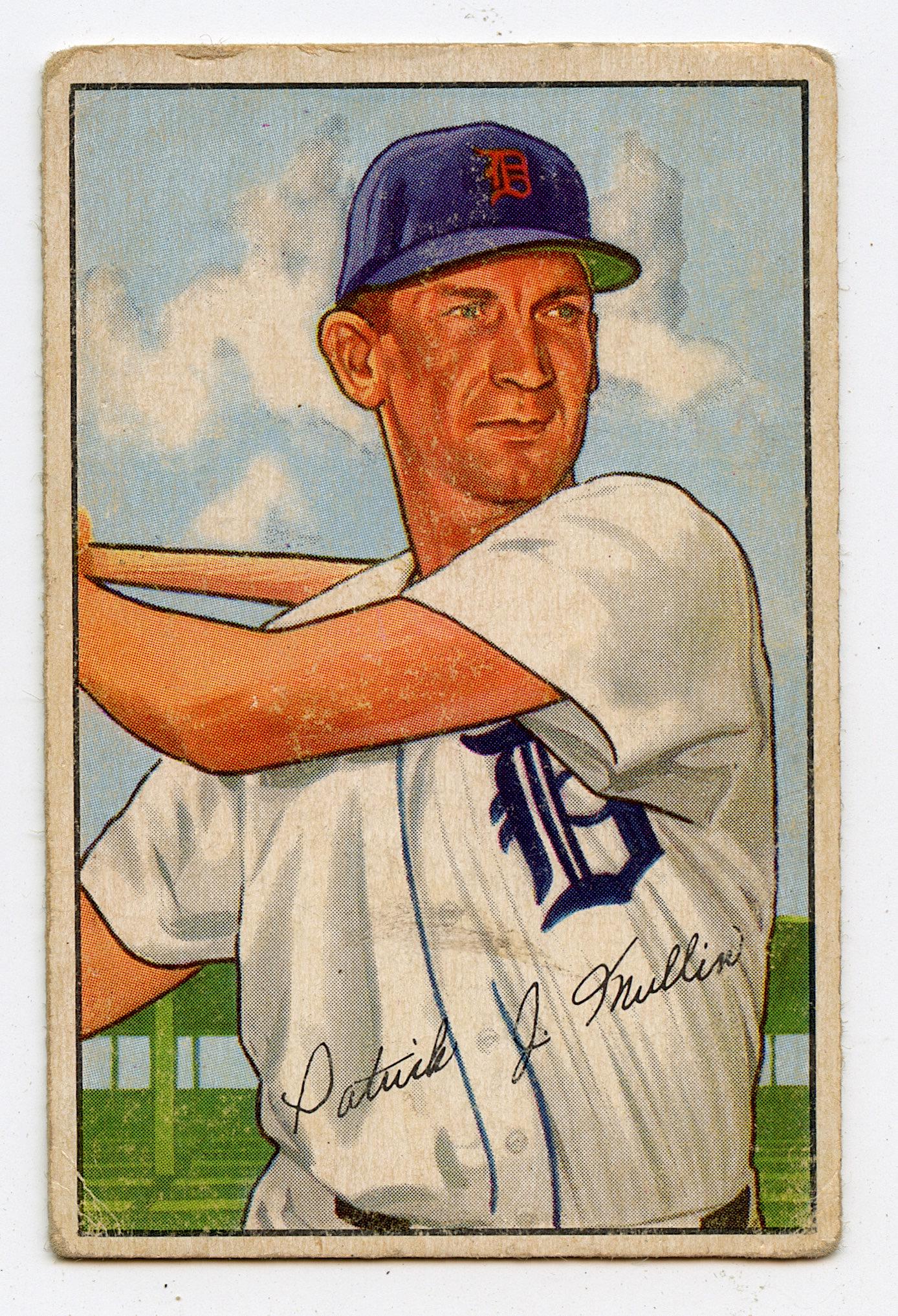 Baseball Card Pat Mullin Detroit Tigers, 1952: The lots offered in this sale come to us from three estates of deceased American collectors. We are specifying: 1. The mediums (es. original hand painted, prints). 2. The signature we were able to dec