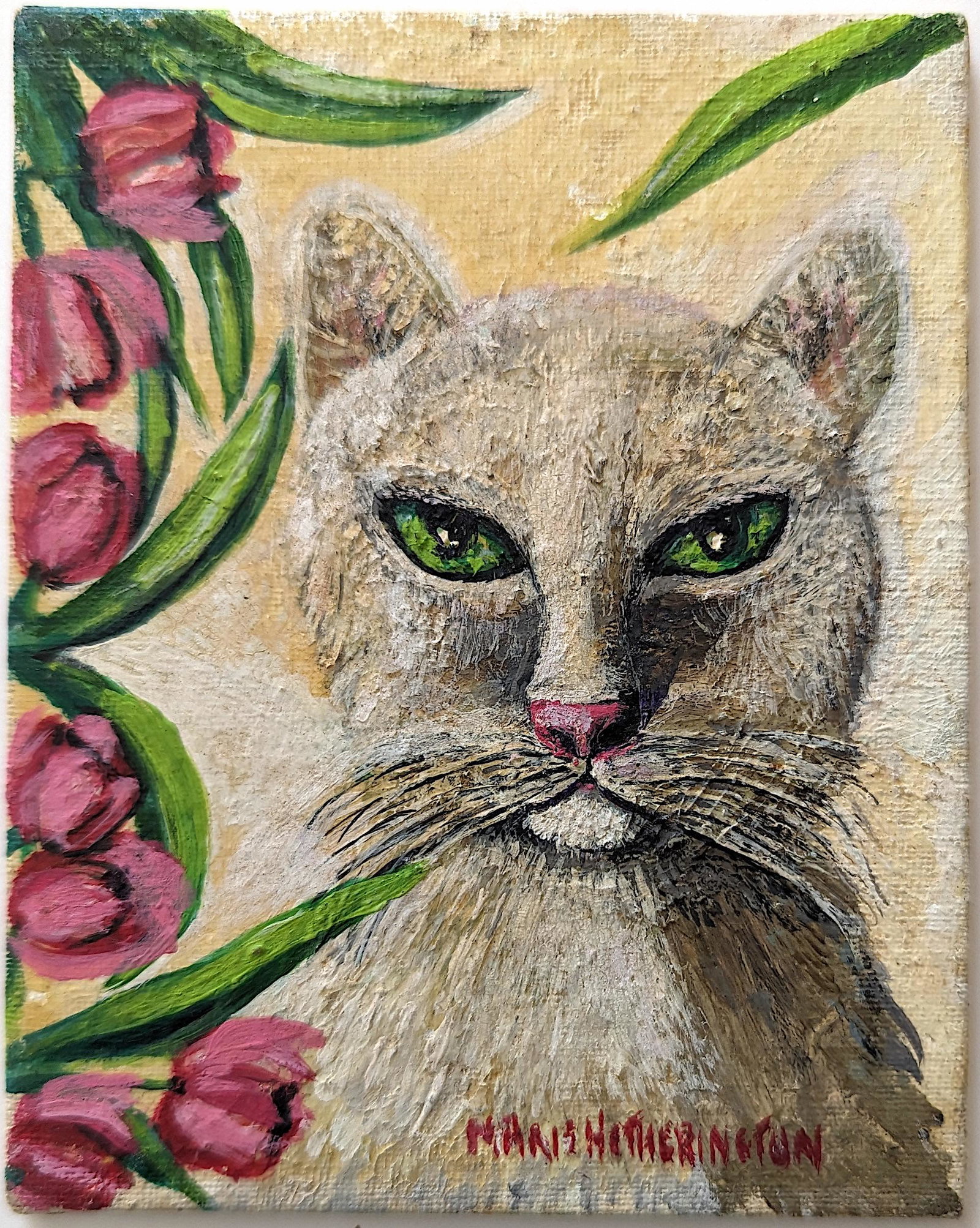 Oil on Canvas/Board Cat Signed MARY HETHERINGTON: The lots offered in this sale come to us from three estates of deceased American collectors. We are specifying: 1. The mediums (es. original hand painted, prints). 2. The signature we were able to dec