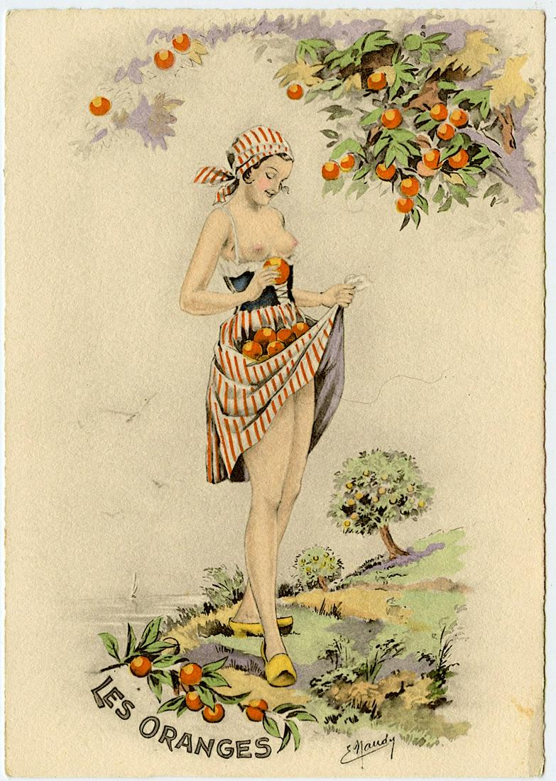 Vintage Colored Postcard Sexy Woman Collecting Fruits (1 of 2)