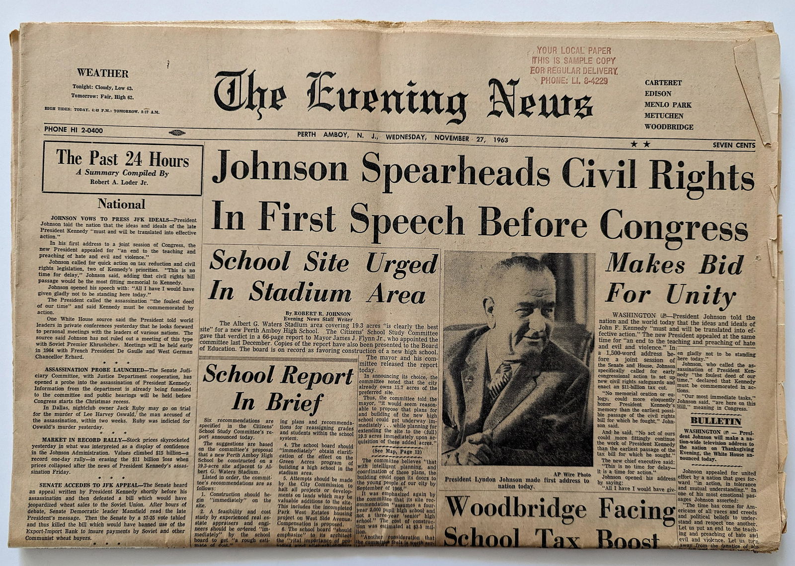 Authentic Newspaper The Evening News JOHNSON, Civil Rights (1 of 2)