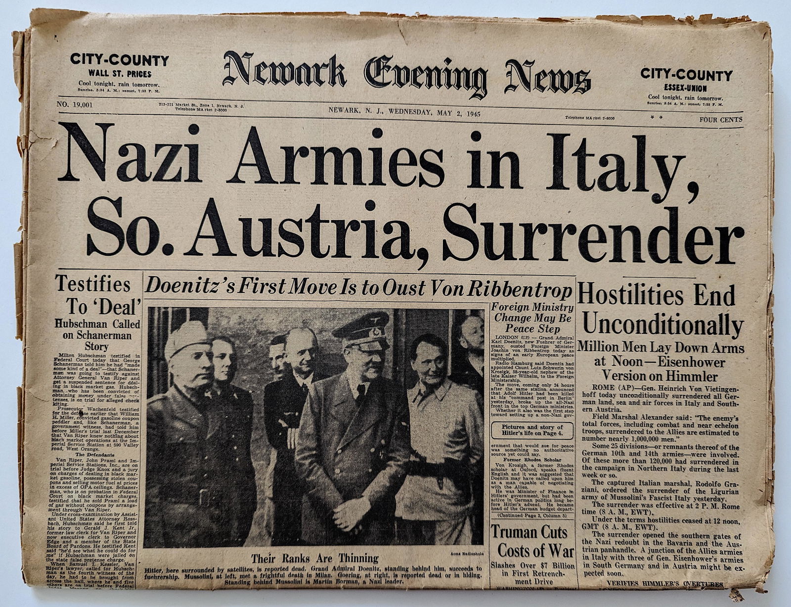 Authentic Newspaper Newark Evening News, May 2, 1945 (1 of 2)