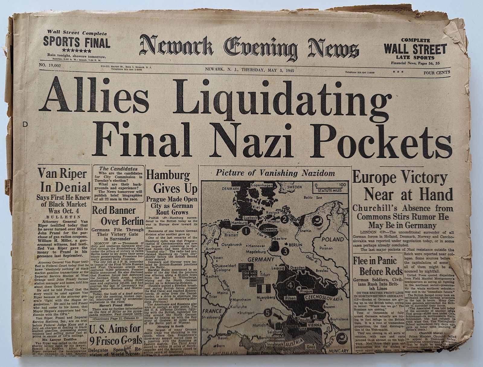 Authentic Newspaper Newark Evening News, May 3, 1945 (1 of 2)