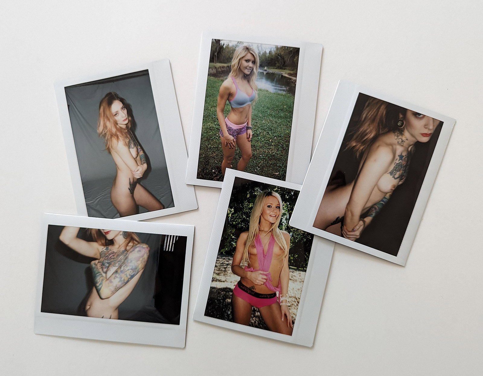 Set 5 Original Polaroid / Intax Photos Pin Up Nudes: Provenance from a Professional American photographer and collector during the last 30 years in LA, CA.. Each Polaroid / Intax film photo measures Aprox. 4.25" x 3.5". This lot is located in Boca Raton