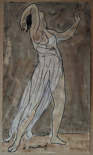 Original Painting ABRAHAM WALKOWITZ (1878 - 1965): From the serie Isadora Duncan, Ca. 1910. Original ink and gouash painting on paper signed lower left. Abraham Walkowitz was a Russian-American painter grouped in with early American Modernists