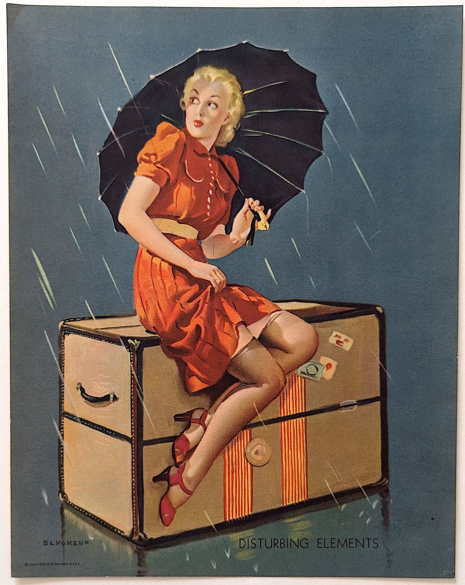 Vintage Pin Up Original Printed in USA Elvgren Print, 1950s: Provenance from the estate of a deceased collector. The dimensions are Approx. 10" x 8". This lot is located in Boca Raton, Fl and its shipment will be made directly by Artelisted. Shipping insurance 