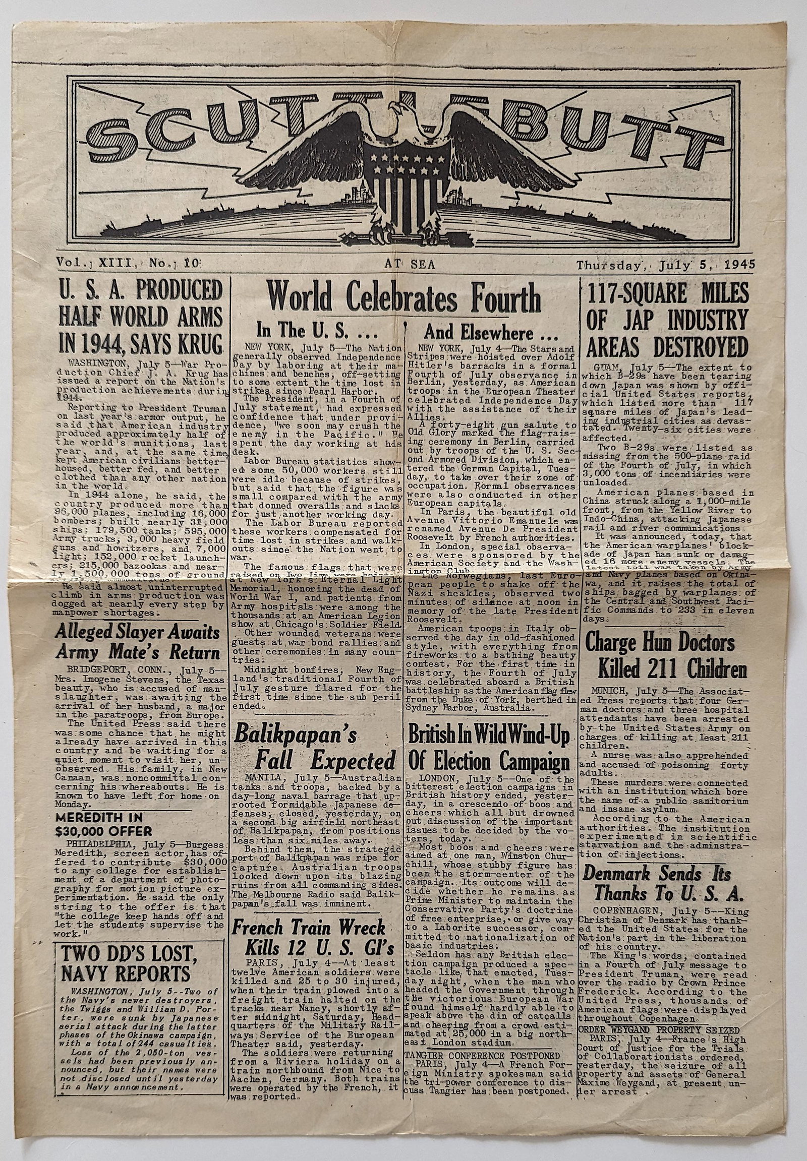 SCUTTLEBUTT US Navy Newsletter WWII July 5, 1945: This lot is located in Boca Raton, Fl and its shipment will be made directly by Artelisted. Shipping insurance is the responsibility of the buyer. Ask us if you want to add insurance cost. Note that i