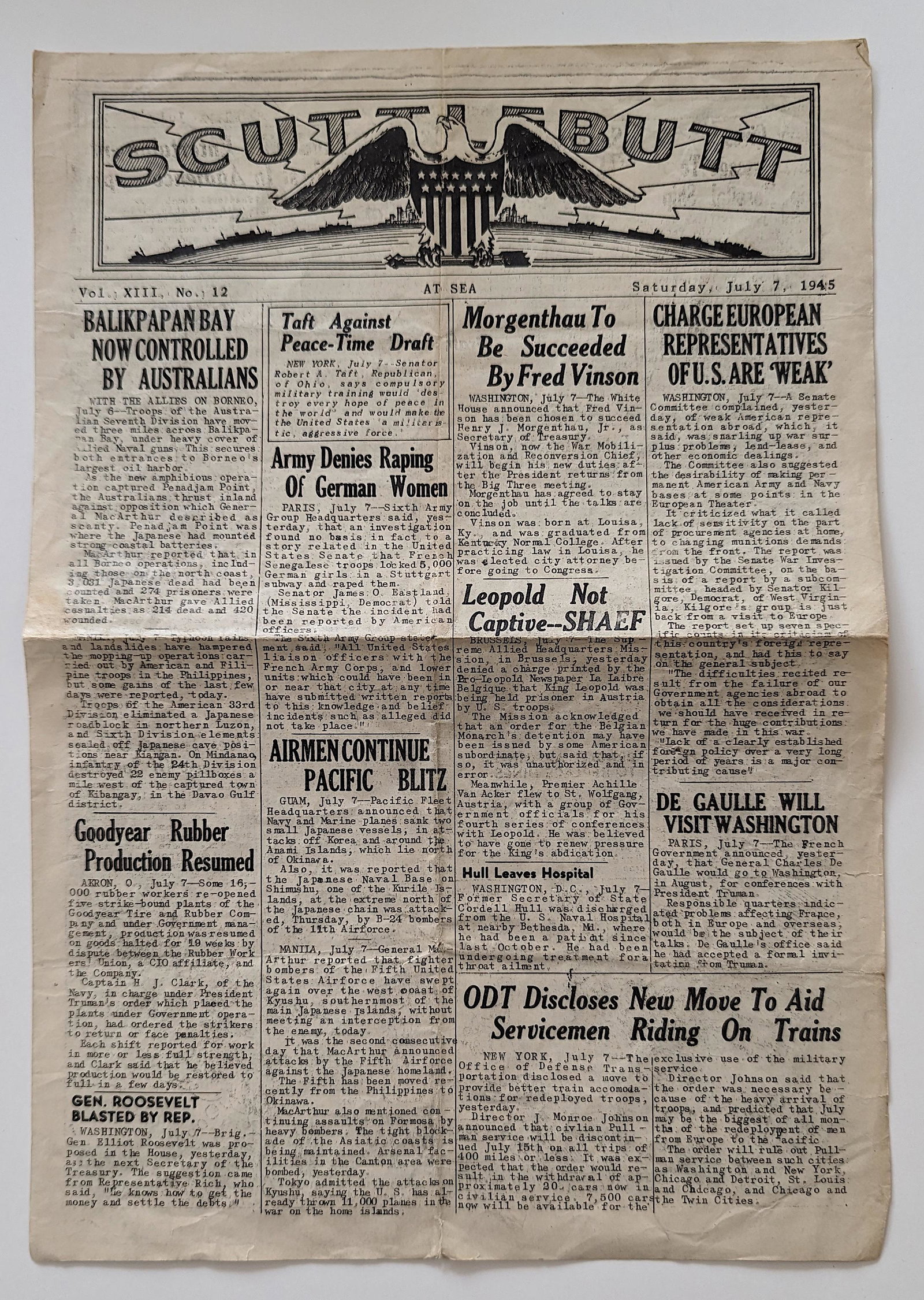 SCUTTLEBUTT US Navy Newsletter WWII July 7, 1945: This lot is located in Boca Raton, Fl and its shipment will be made directly by Artelisted. Shipping insurance is the responsibility of the buyer. Ask us if you want to add insurance cost. Note that i
