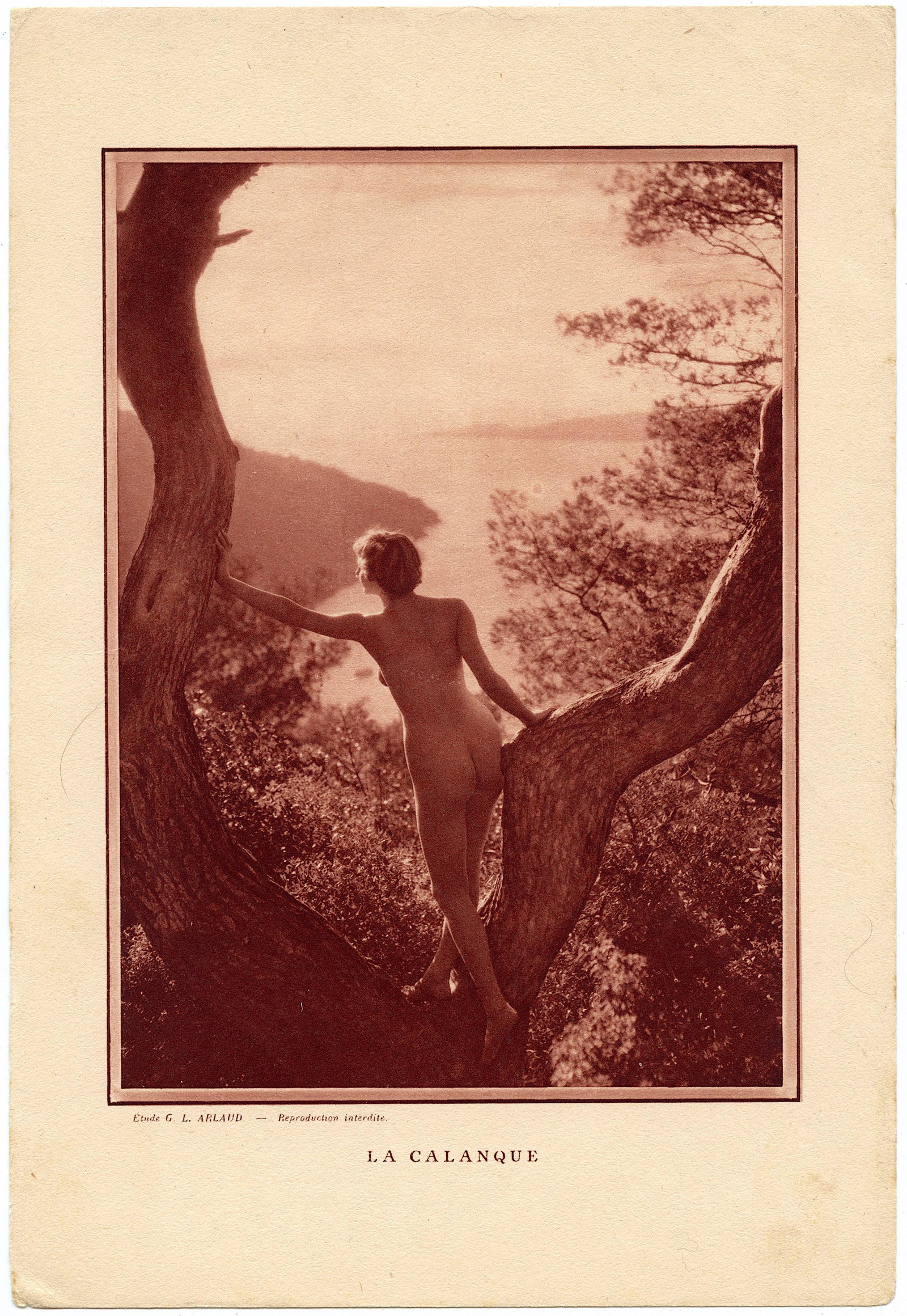 G. L. ARLAUD Antique Heliogravure Nude Study: Paper dimensions are Approx. 9" x 6.25". G.L. Arlaud (1869 - 1944) was a French photographer remembered for a series of outdoor nude studies he took in the South of France that were printed as photogr