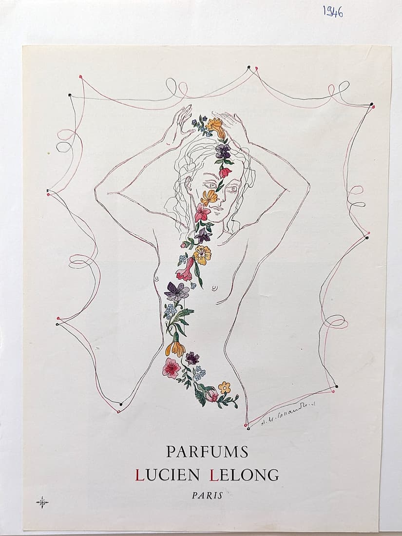 Magazine Ad Cassandre Lucien Lelong Parfum, 1946: Provenance from the estate of a Belgium Collector in Manhattan N.Y..Dimensions Approx. 9" x 12". This lot is located in Boca Raton, Fl and its shipment will be made directly by Artelisted. Shipping in