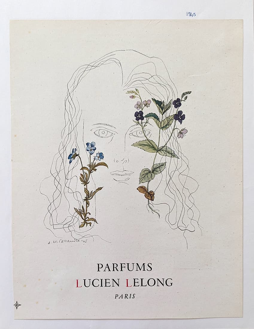 Magazine Ad Cassandre Lucien Lelong Parfum, 1946: Provenance from the estate of a Belgium Collector in Manhattan N.Y..Dimensions Approx. 9" x 12". This lot is located in Boca Raton, Fl and its shipment will be made directly by Artelisted. Shipping in