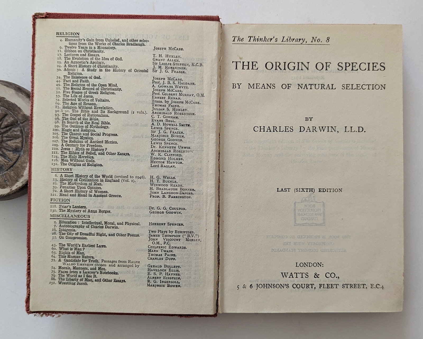 Book THE ORIGIN OF SPECIES by Charles Darwin, Last Ed. 1948: We have included many images to show it's actual condition. Provenance from the estate of Russian Imigrants during the 20th Century. This lot is located in Boca Raton, Fl and its shipment will be made