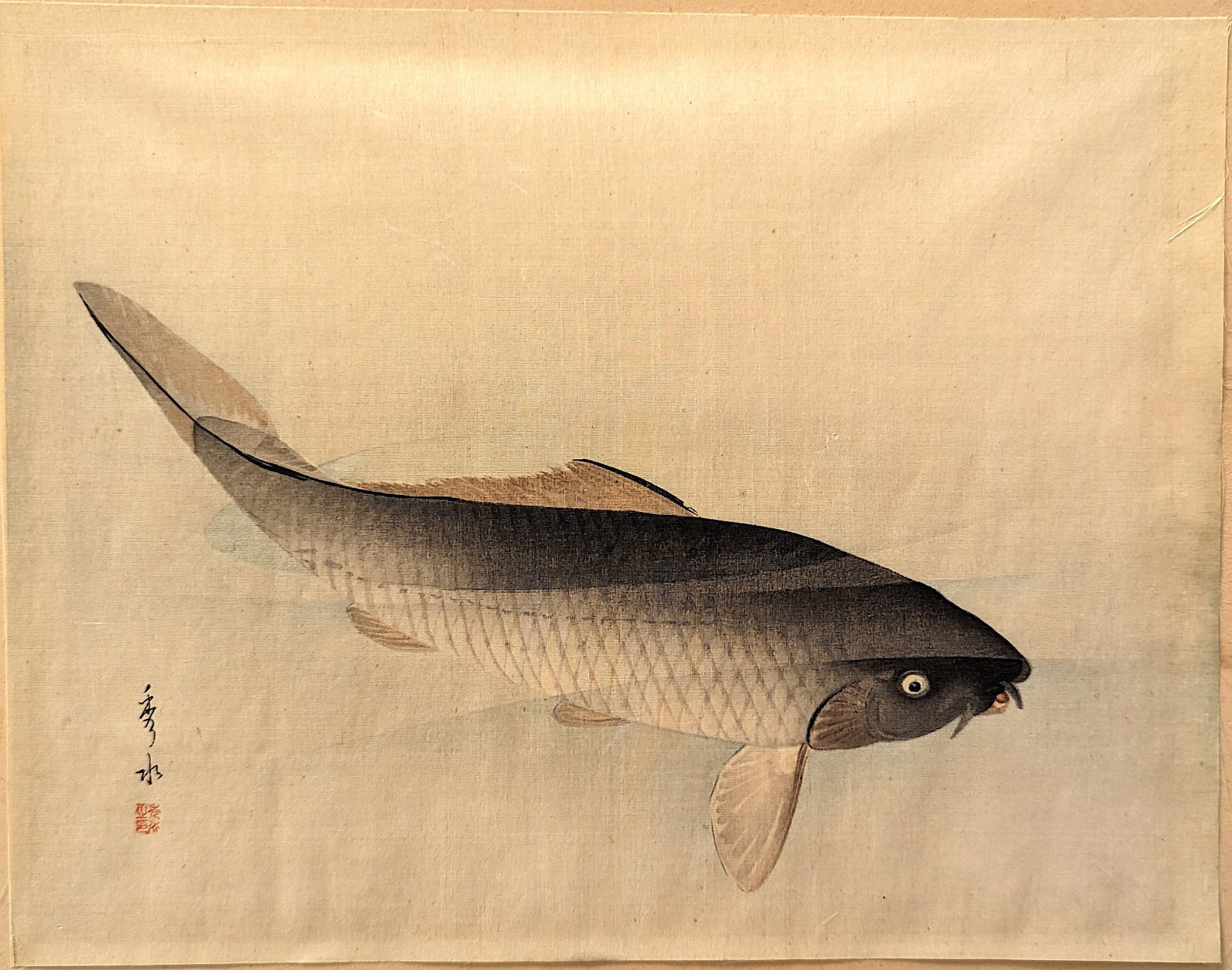 Antique Japanese Art Cart Fish by Shusei, Signed: We have included many images to show it's actual condition. The dimensions are Approx. 8.75"x 11.10" (painting) (small variances can occur). This lot is located in Boca Raton, Fl and its shipment will