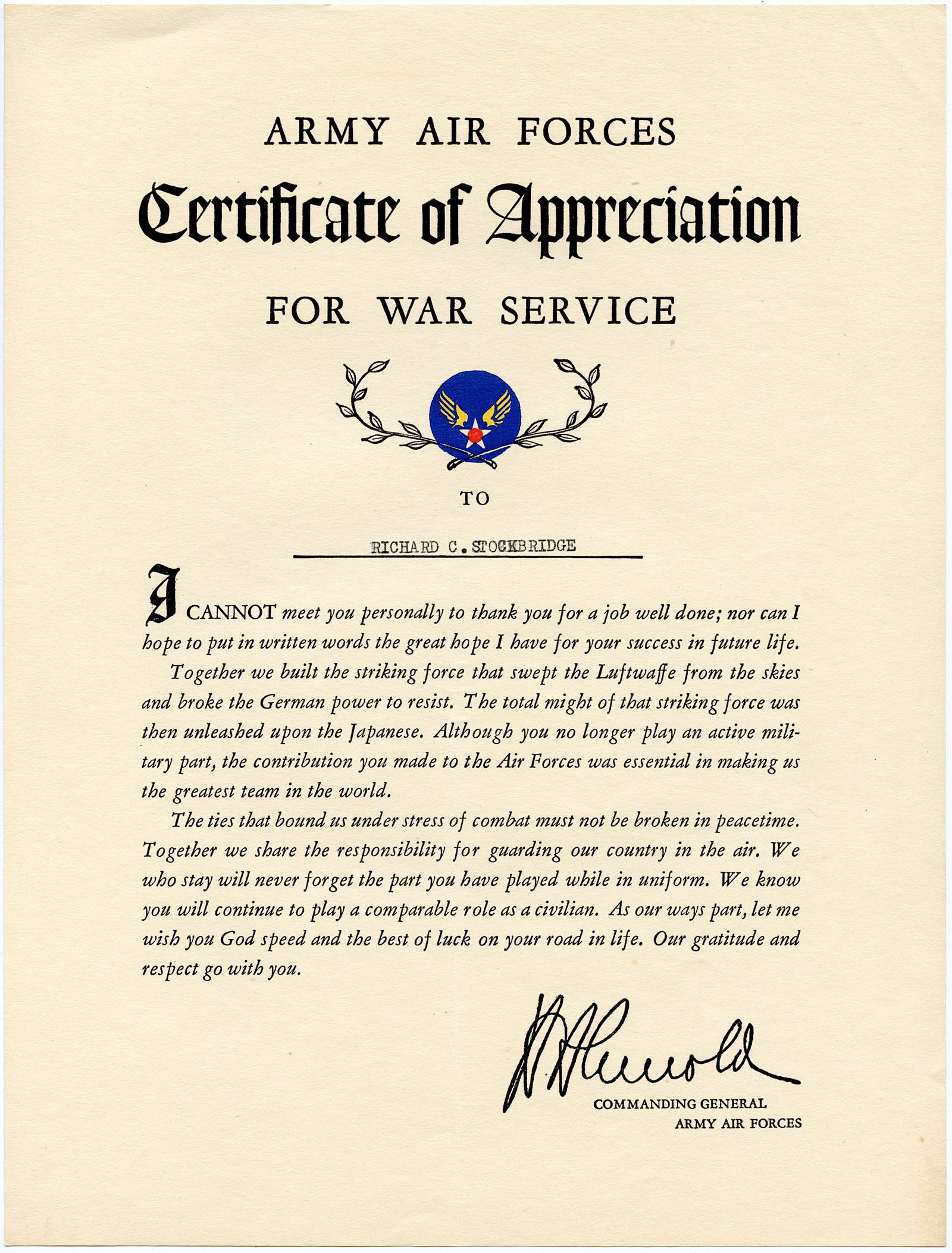 Certificate Of Appreciation For War Service Army Air Forces (1 of 1)