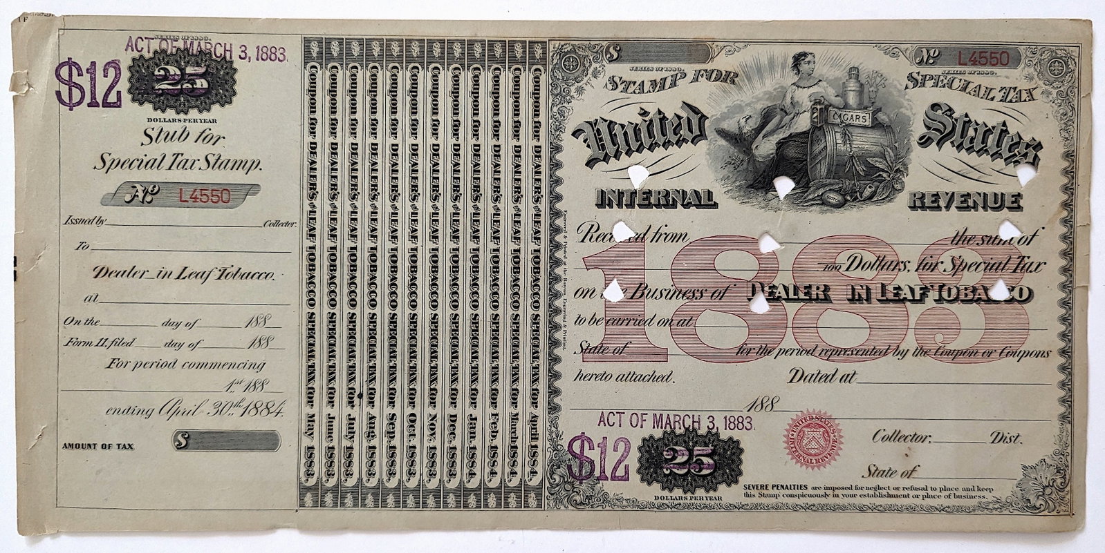 1883 Tax Revenue IRS $25/$12 Stamp Certificate Tobacco: Provenance from a deceased collector in Florida. This lot is located in Boca Raton, Fl and its shipment will be made directly by Artelisted. Shipping insurance is the responsibility of the buyer. Ask 