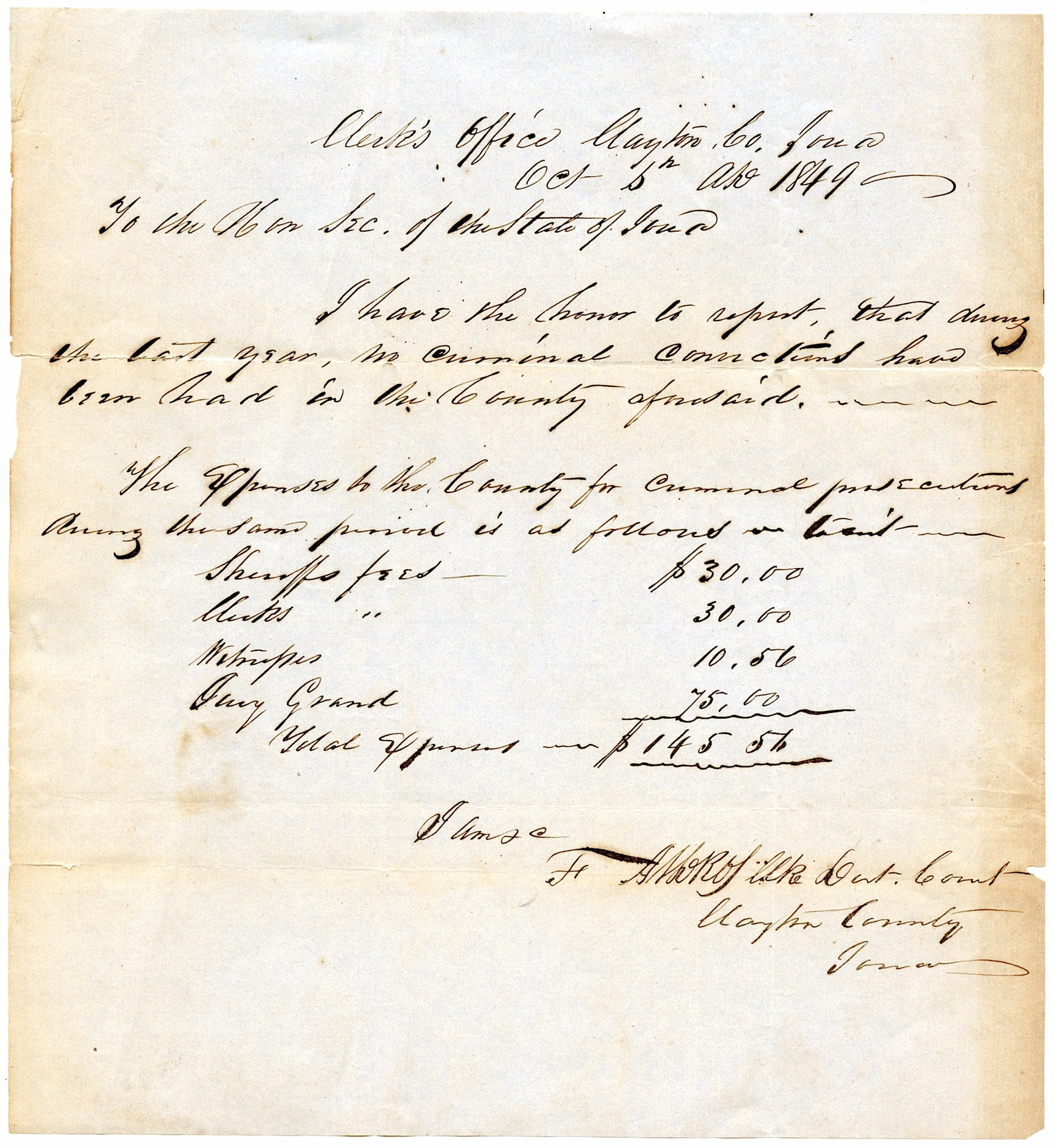 Antique Clerk's Office Clayton Co. Receipt 1849: Provenance from a deceased collector in Florida. This lot is located in Boca Raton, Fl and its shipment will be made directly by Artelisted. Shipping insurance is the responsibility of the buyer. Ask 