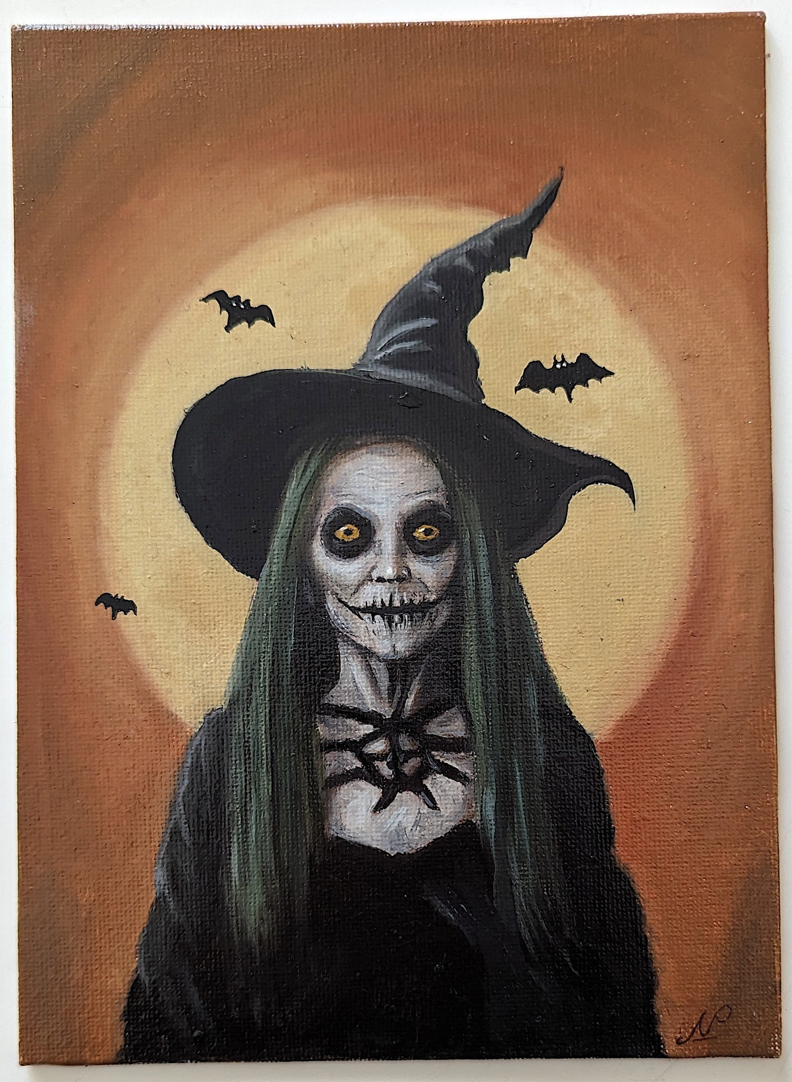 Original Oil Painting Halloween Terror Witches: ABOUT THE ARTIST: Nicolaux is a prominent Colombian artist following and amphasizing drama and depth, the Renaissance techniques of tenebrism chiaroscuro artists like the Italian Caravaggio (1571 - 16