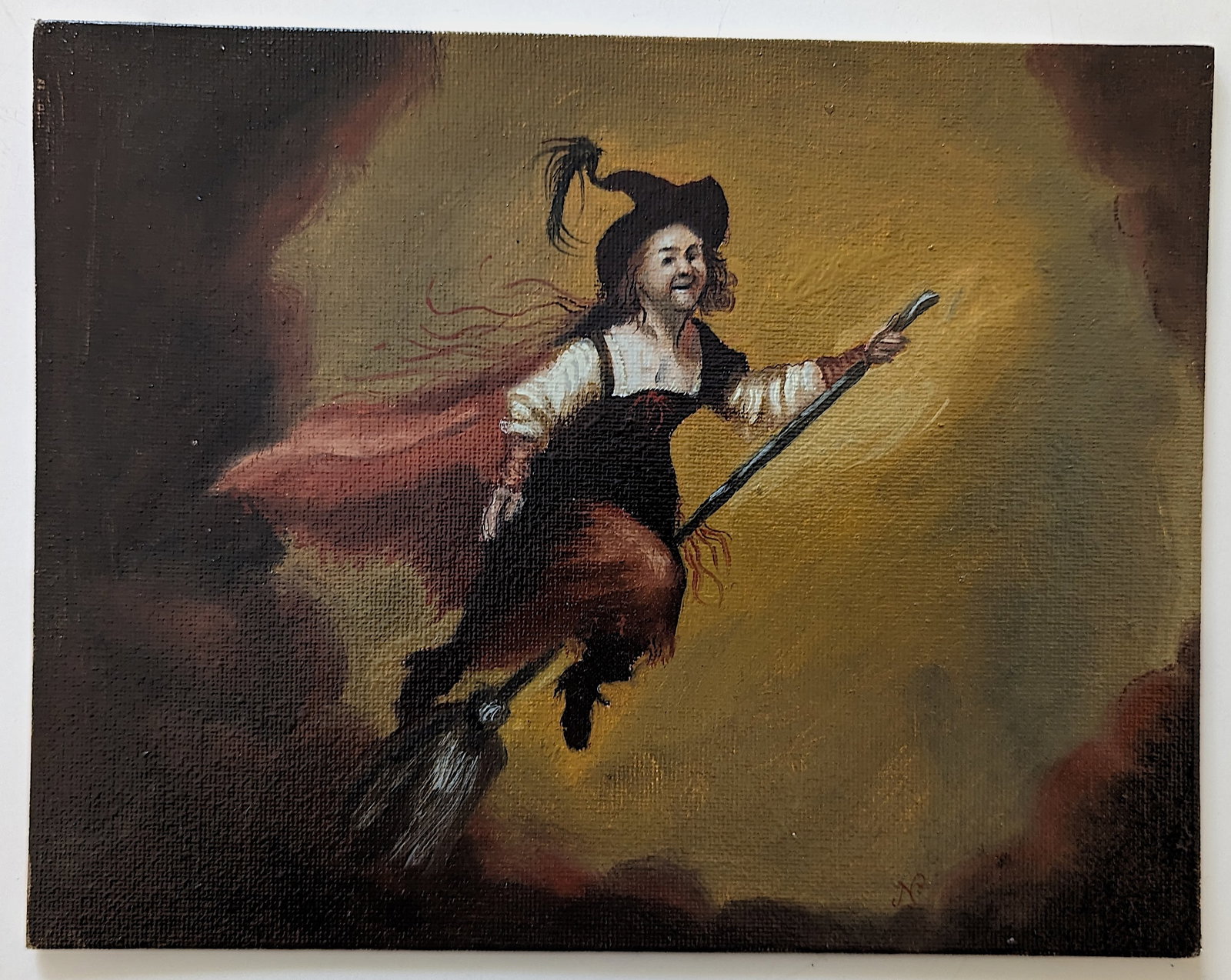Original Oil Painting Halloween Terror Witches: ABOUT THE ARTIST: Nicolaux is a prominent Colombian artist following and amphasizing drama and depth, the Renaissance techniques of tenebrism chiaroscuro artists like the Italian Caravaggio (1571 - 16