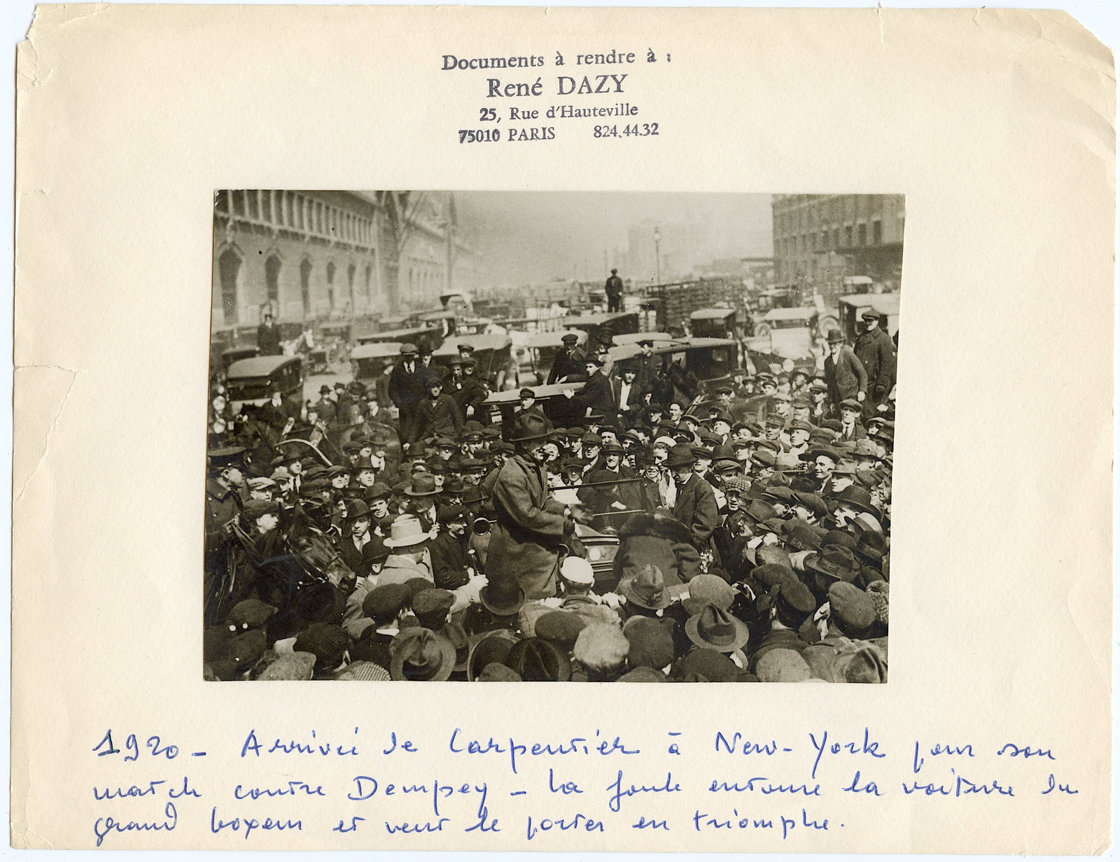 Vintage Original Photo Boxing Carpentier in New York: The provenance of this lot is from the estate of a deceased collector in Paris, France. The dimensions are Approx. 4.5" x 6.25". (small variances can occur). This lot is located in Boca Raton, Fl and 