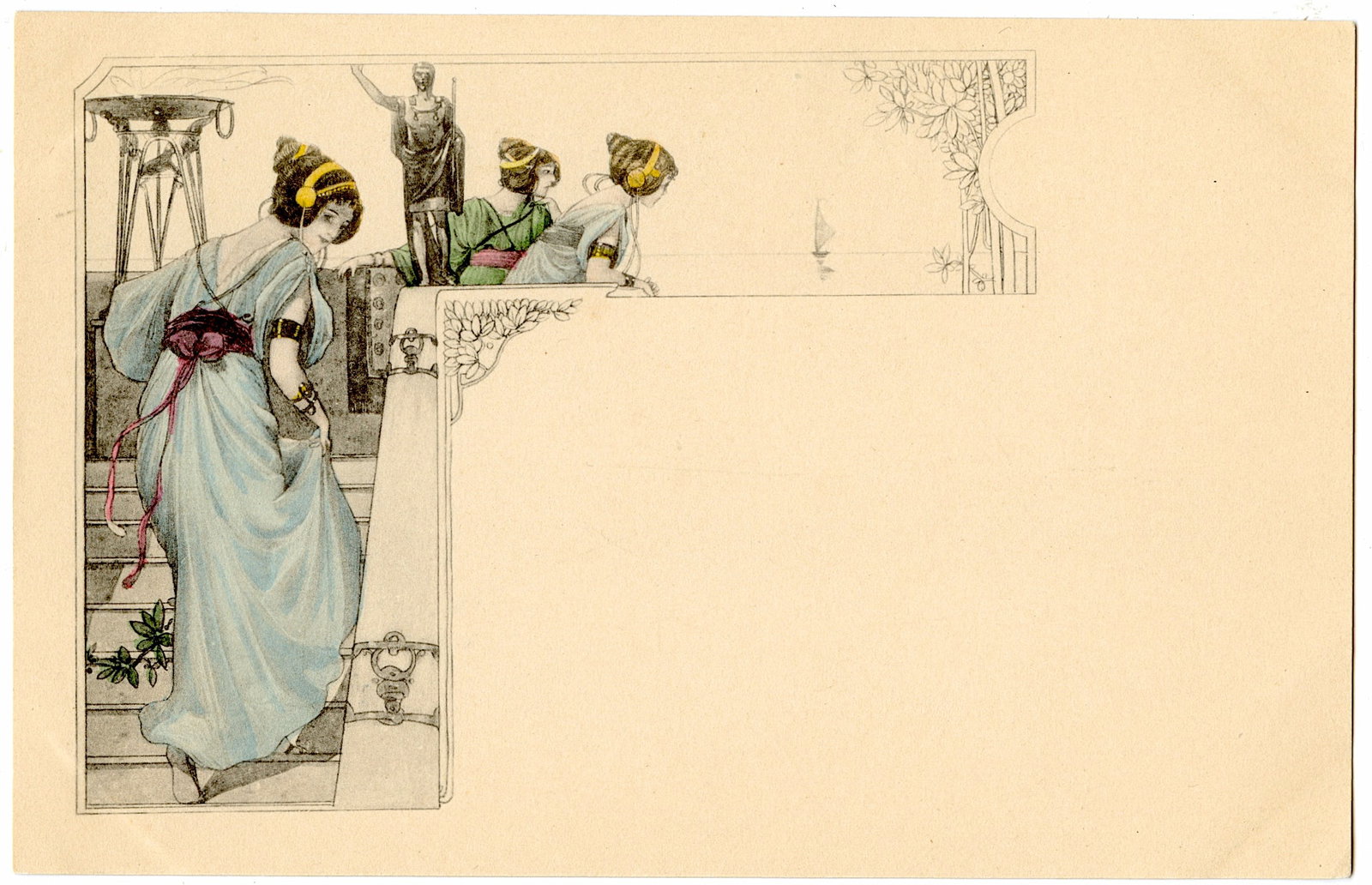 Antique Rare Postcard Colored Art Nouveau: ABOUT POSTCARDS: The study and collecting of postcards is termed deltiology (from Greek deltion, small writing tablet, and English -logy, the study of). Rarity. As with all antique items, rarity bring