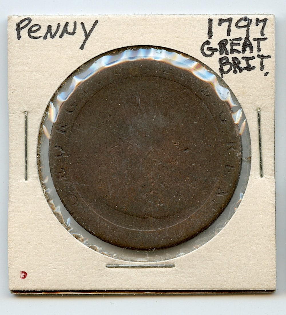 Collectors Great Britain Coin Penny 1797: This coin is from the estate of deceased collector in South Florida. Some of these coins are showing the historical Ref. sugested price (years ago) by the last owner. We have included quality images t