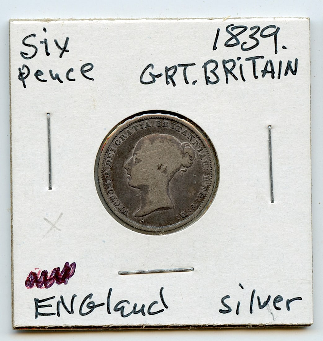 Collectors Great Britain Coin Six Pence Silver 1839: This coin is from the estate of deceased collector in South Florida. Some of these coins are showing the historical Ref. sugested price (years ago) by the last owner. We have included quality images t