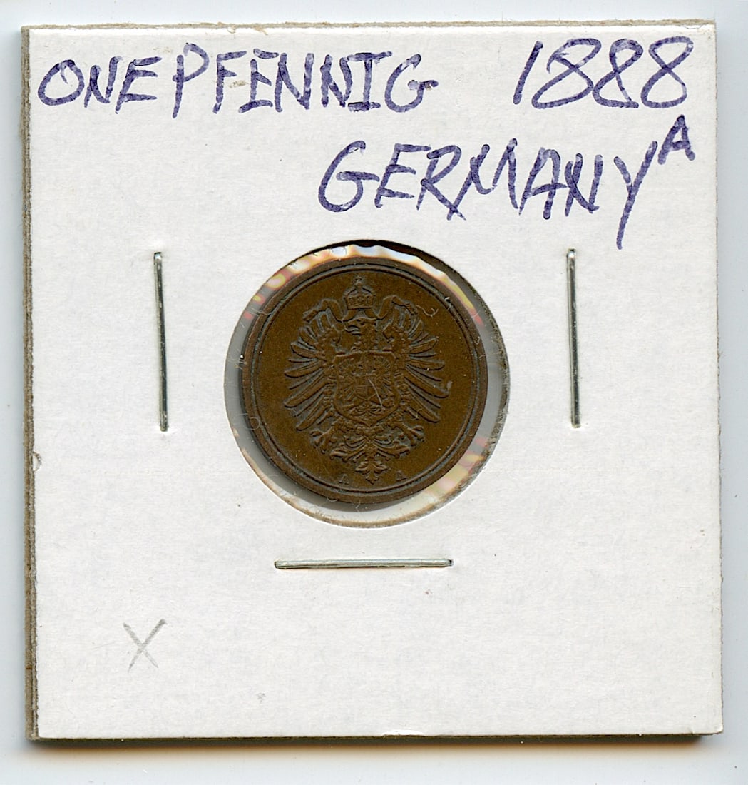 Collectors Germany Coin 1 Pfennig 1888 A: This coin is from the estate of deceased collector in South Florida. Some of these coins are showing the historical Ref. sugested price (years ago) by the last owner. We have included quality images t