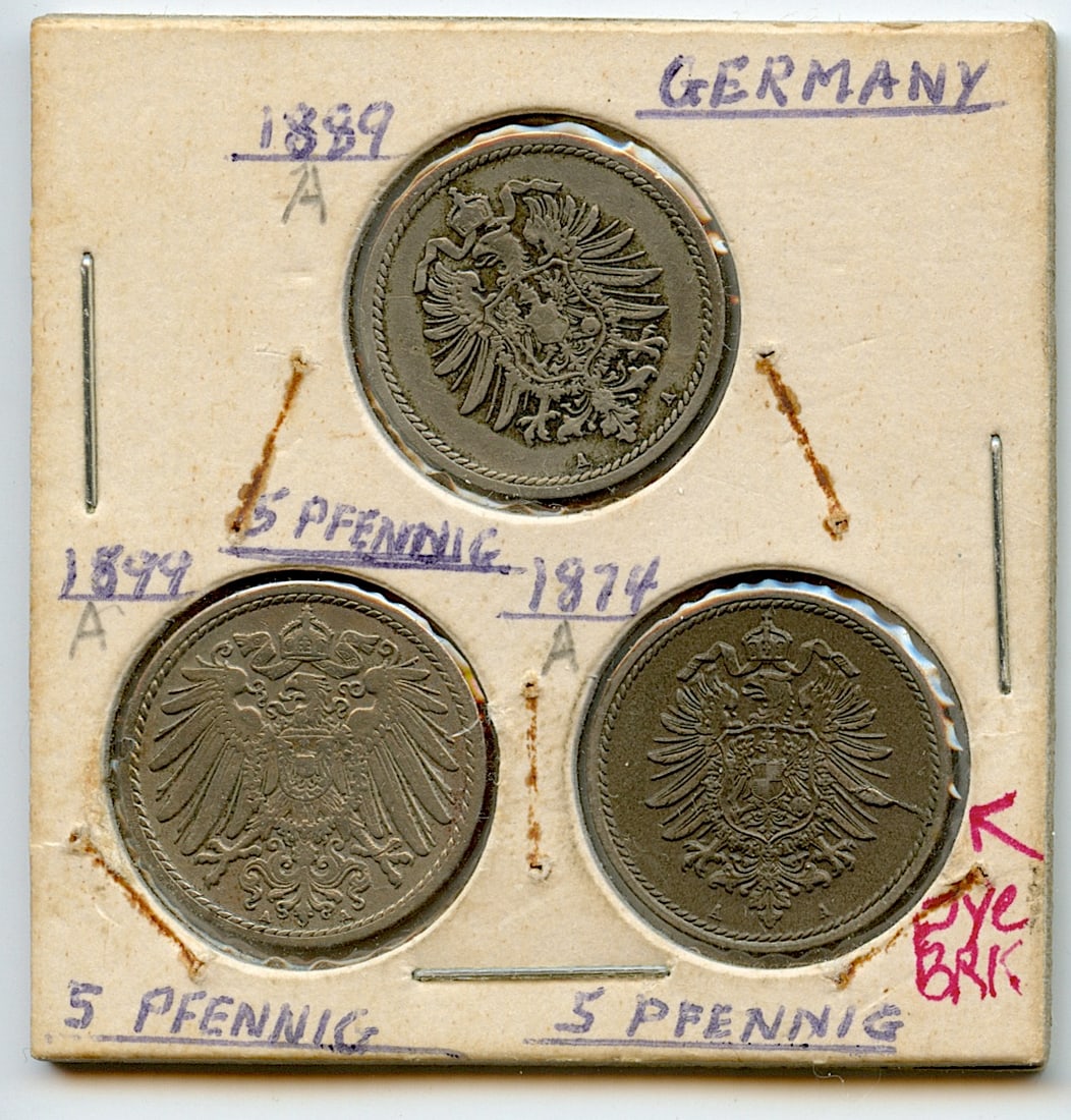 Collectors Germany Set 3 Coins 5 Pfennig: This coin is from the estate of deceased collector in South Florida. Some of these coins are showing the historical Ref. sugested price (years ago) by the last owner. We have included quality images t