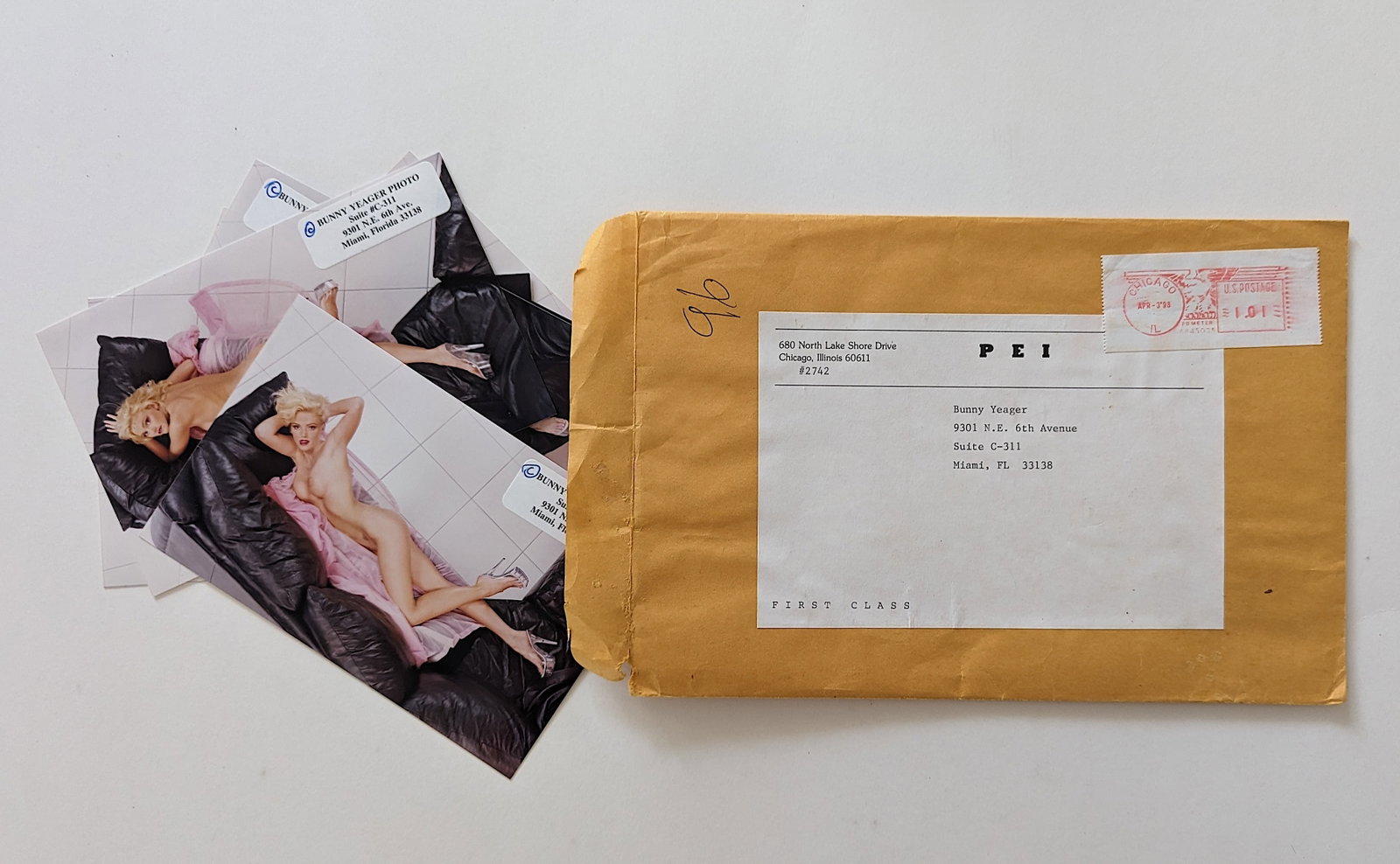 8 Photos Returned From PLAYBOY to BUNNY YEAGER: The envelope is included. Each photo is Approx. 6" x 4". The provenance is from a collector in RI. This lot is located in Boca Raton, Fl and its shipment will be made directly by Artelisted. Shipping 