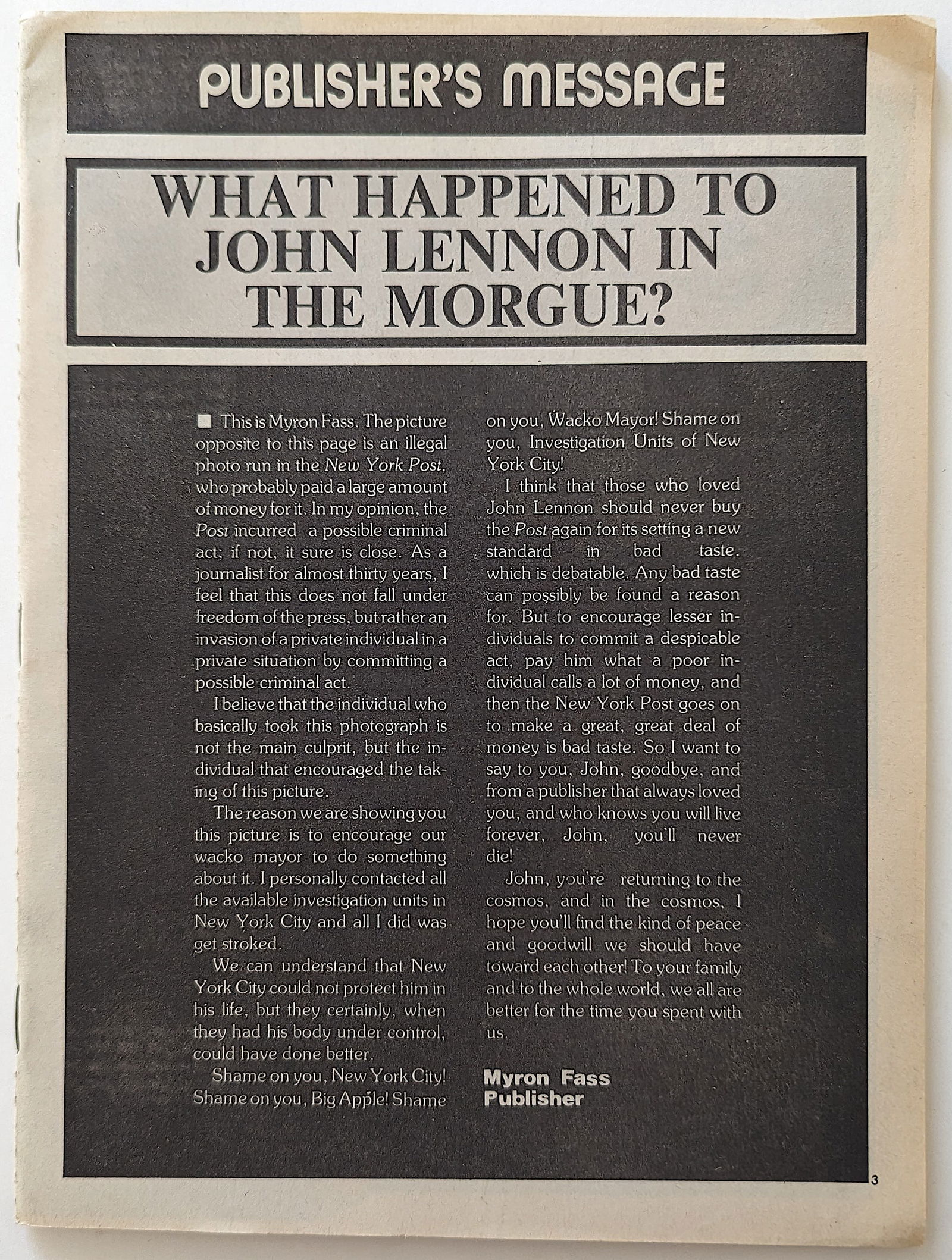 Vintage Publish What Happened To John Lennon in Morgue: The provenance is from a collector in RI. This lot is located in Boca Raton, Fl and its shipment will be made directly by Artelisted. Shipping insurance is the responsibility of the buyer. Ask us if y