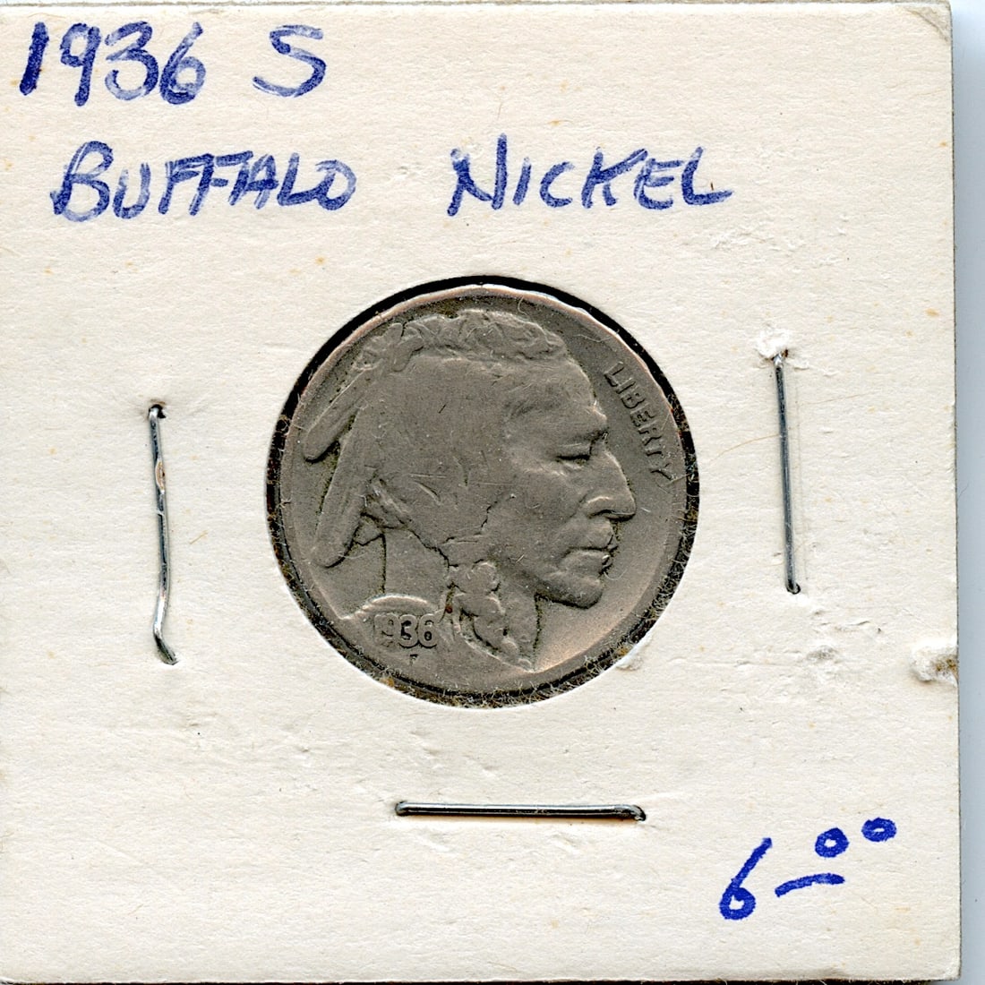 Circulated Coin Buffalo Nickel 1936 S: This coin is from the estate of deceased collector in South Florida. Some of these coins are showing the historical Ref. sugested price (years ago) by the last owner. We have included quality images t