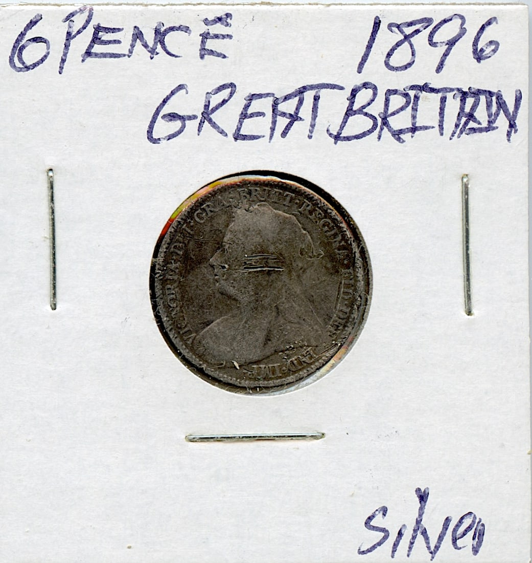 Circulated Coin Great Britain 6 Pence 1896 Silver: This coin is from the estate of deceased collector in South Florida. Some of these coins are showing the historical Ref. sugested price (years ago) by the last owner. We have included quality images t