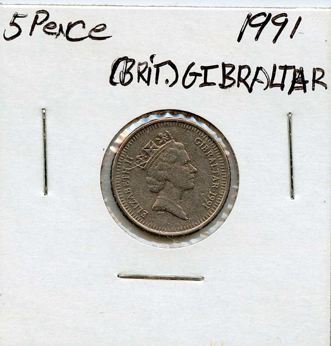 Circulated Coin 5 pence British Gibraltar 1991: This coin is from the estate of deceased collector in South Florida. Some of these coins are showing the historical Ref. sugested price (years ago) by the last owner. We have included quality images t