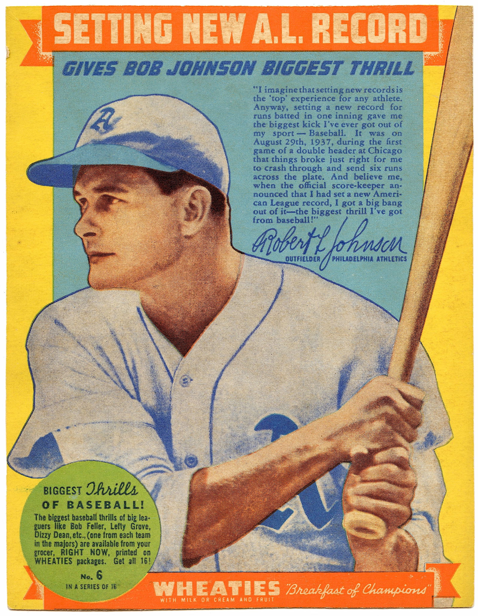 Vintage 1930s Original Wheaties Baseball Cutout Card: Robert Johnson, Philadelphia Athletics. The dimensions are Approx. 8" to 5.25" x 5" to 6" (Small variances can occur)".We have attached quality images to show its actual condition. This lot is located