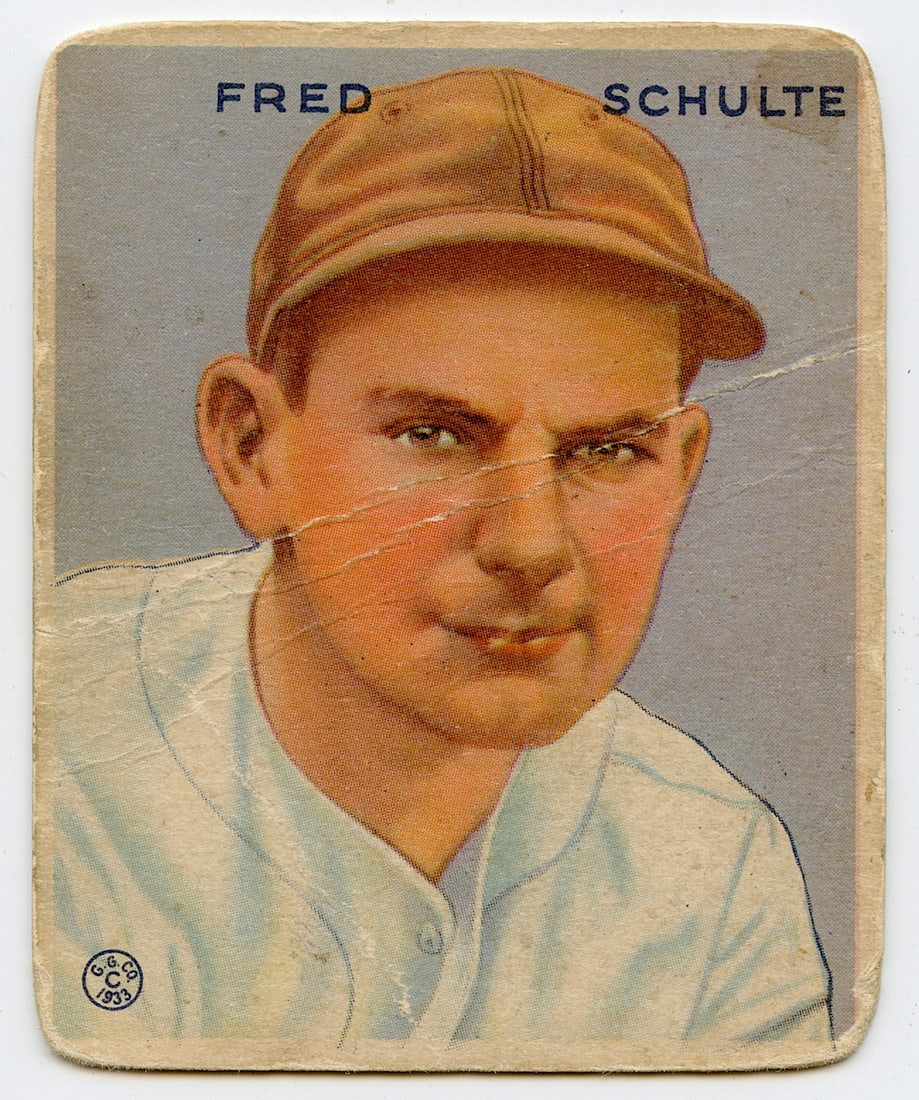 Baseball Card 1933 Goudey Fred Schulte 190: This item is from the estate of a deceased collector. We have included high resolution images to show the condition (please, see included images). This lot is located in Boca Raton, Fl and its shipmen