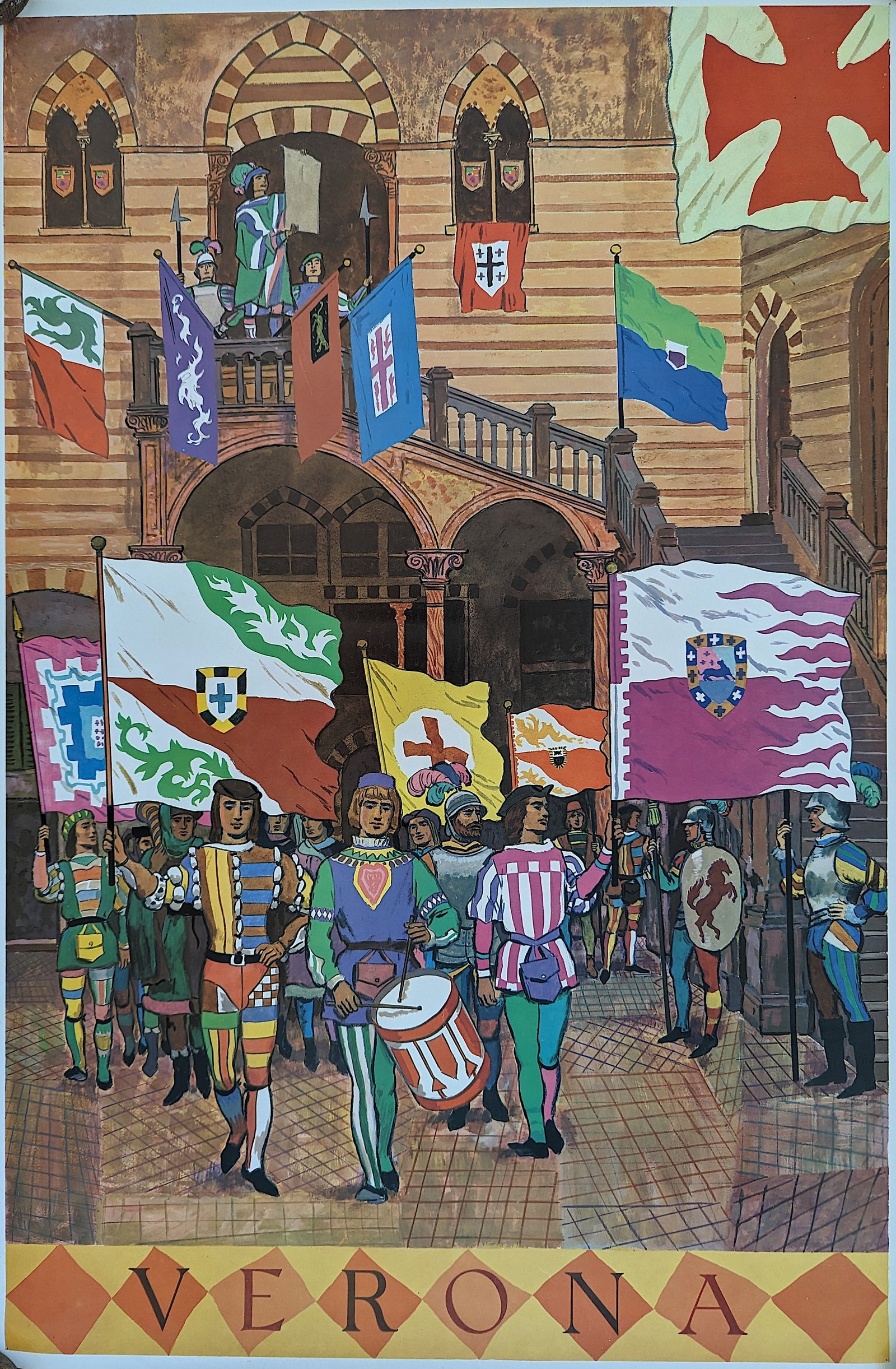 Authentic Rare Travel Poster VERONA Italy: This is an Authentic Original Vintage Poster from its time. It's not a new reproduction Provenance from the estate of a Belgium Collector in Manhattan N.Y.. Title of Poster / Date: VERONA / 1960s. Con
