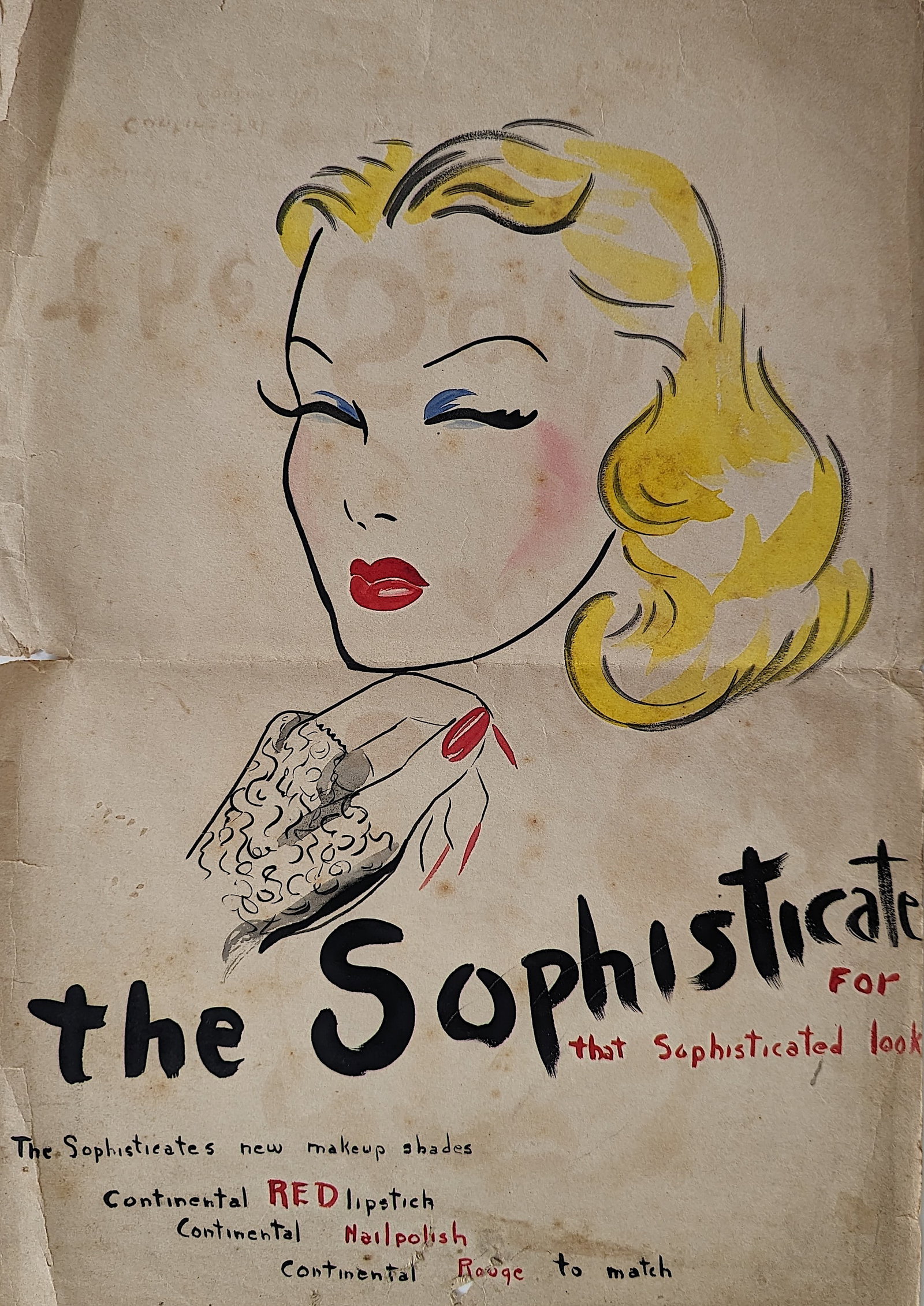 Original Hand Painted Illustration for Advertising, 1940s: This is an original hand painted illustration made for advertising of Red Lipstich during 1940s, - 1950s. Artist unknown. The dimensions are Approx. 18" x 12". This item has been discovered as part of