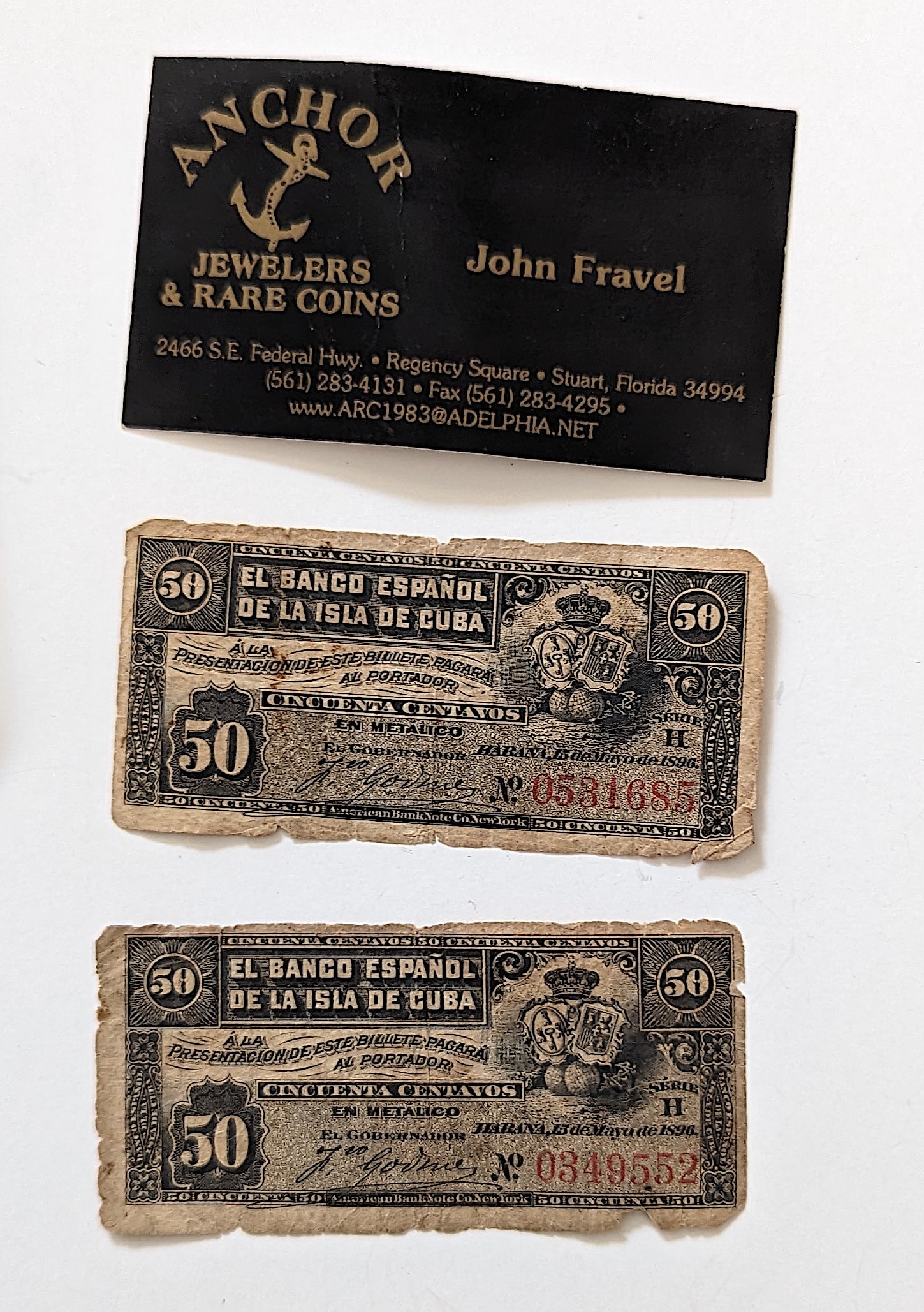 2 x 50 Centavos Banco Espanol Isla De Cuba, 1896: The provenance of this item is from the estate of a Cuban Museum in Miami (Coral Way). We have attached quality images to show its actual condition. This lot is located in Boca Raton, Fl and its shipm