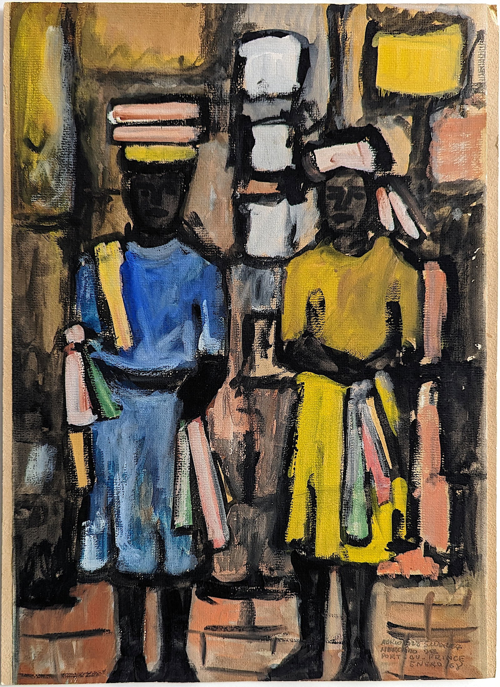 Original HAITI Painting 1968 Merchants, Signed: Original painting on cardboard with Merchants in Port Au Prince , Haiti. Signed and dated 1968. Provenance from the estate of a collector in South Florida. We have attached quality images to show its 