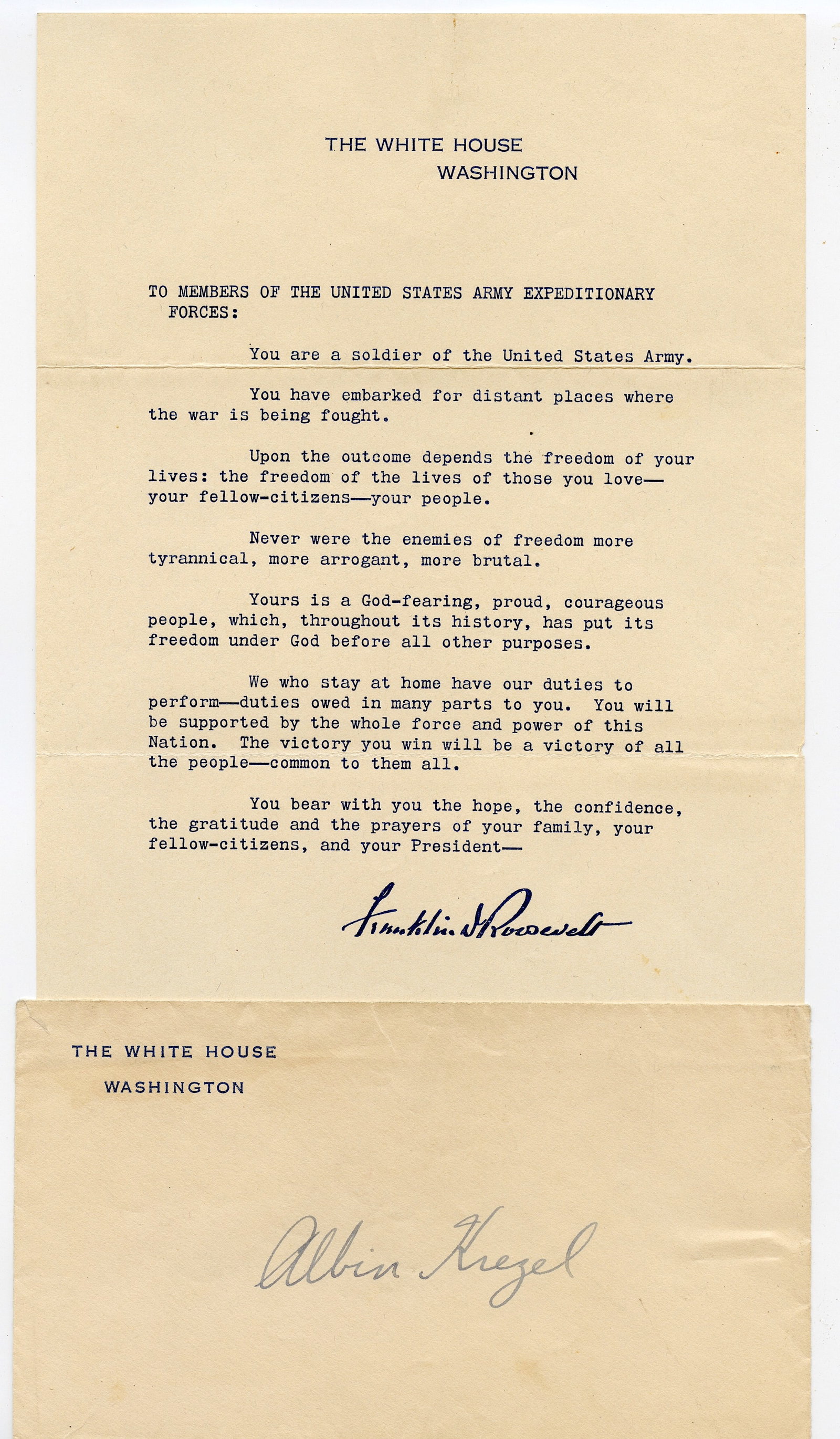 Vintage The White House Letter by Franklin Roosevelt: Letter to Members of the United States Army Expeditionary Forces. Provenance from the estate of a deceased collector in South Florida. The signature is sealed (no hand written).