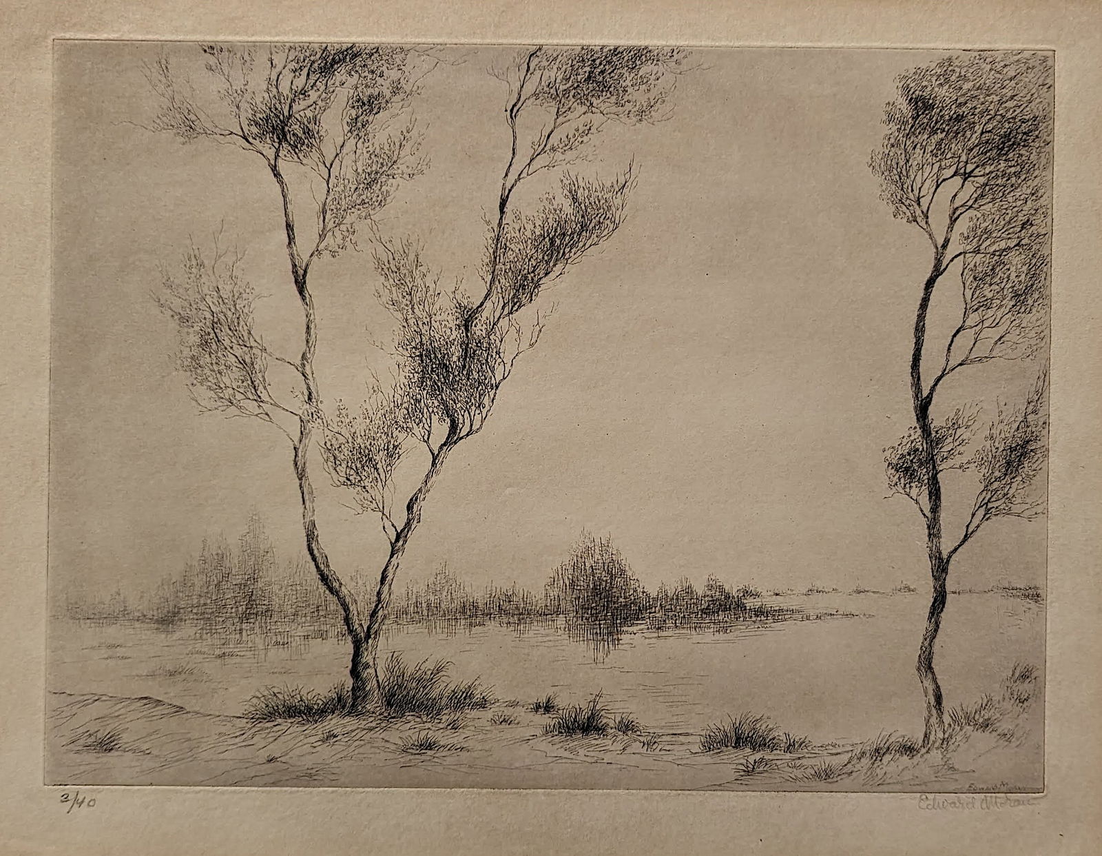 EDWARD MORAN (1829-1901) Original Etching Signed 3/40: Original etching 3/40 hand signed and on plate by listed American artist Edward Moran (1829-1901). The dimensions are Approx. 9" x 12" (plate) and 11.5" x 16" (paper). This item has been discovered as