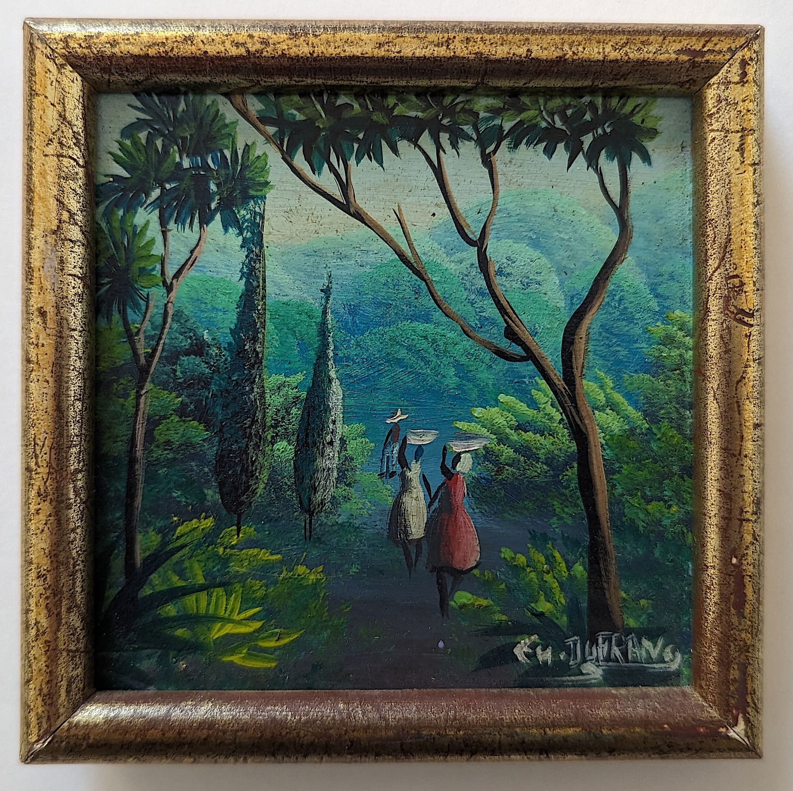 CHARLES DUFRANC Haitian Artist Oil on Masonite 4.5" x 4.5": Provenance from the estate of a collector in Palm Beach. The dimensions are Approx. 4.5" x 4.5" (masonite board) . We have attached quality images to show its actual condition. This lot is located in