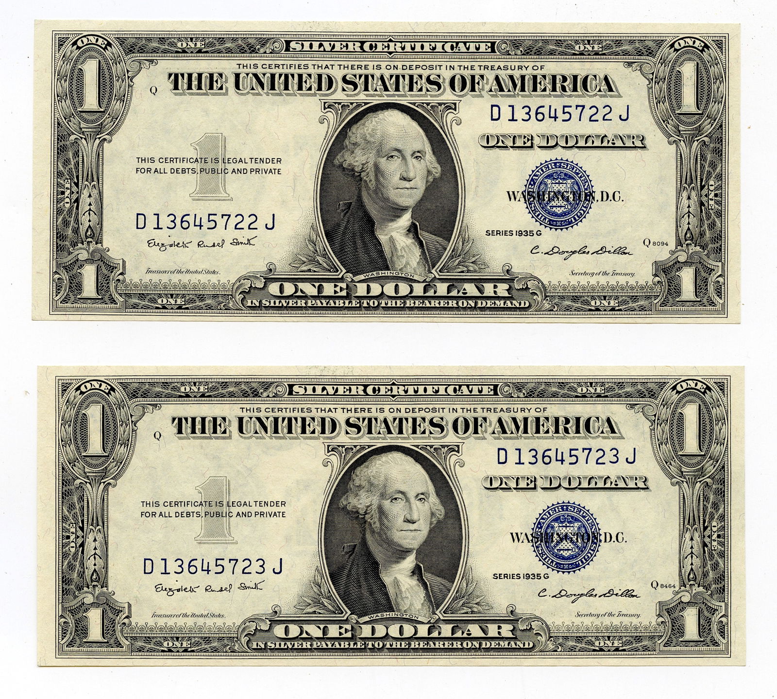 Scarce Set 2 Dollar Silver Certificates 1935-G CONSECUTIVE (1 of 2)