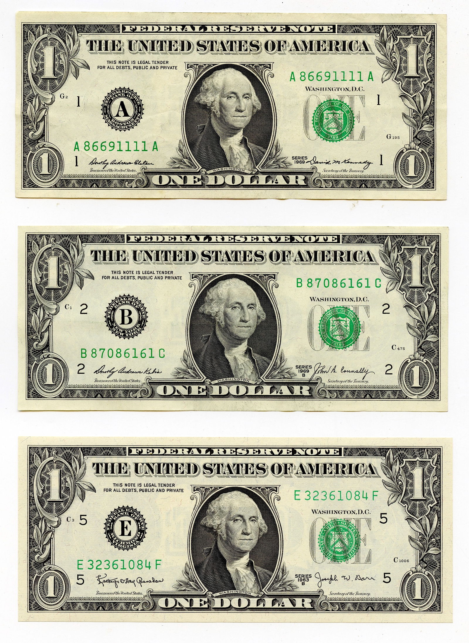 Set of 3 One Dollar Bills Green Seal 1969, 1969-B, 1963-B (1 of 2)