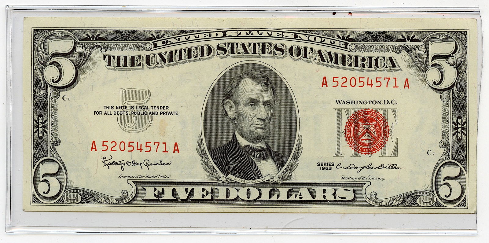 US $5 Dollar Bill Series 1963 Red Seal (1 of 2)