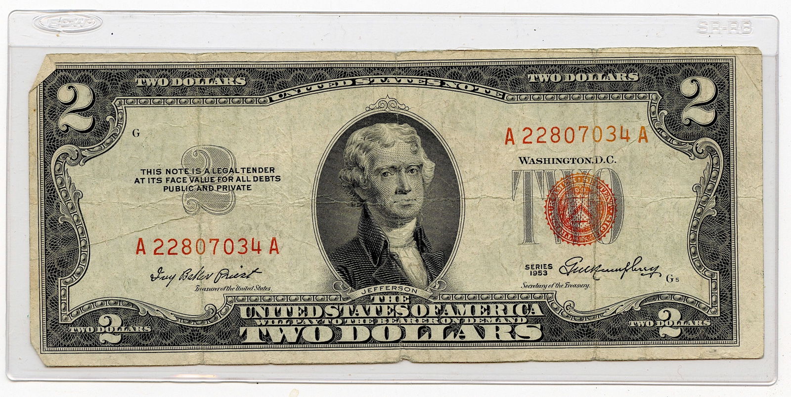 US $2 Dollar Bill Series 1953 Red Seal (1 of 2)